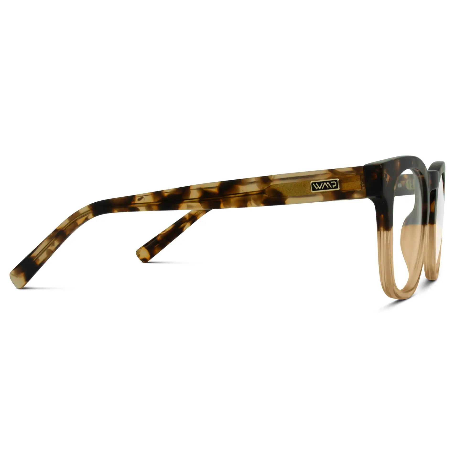 Crystal Brown Tortoise || Temple view of Brown Square Frame Blue Light Blocking Glasses for Computer Use on a white background 