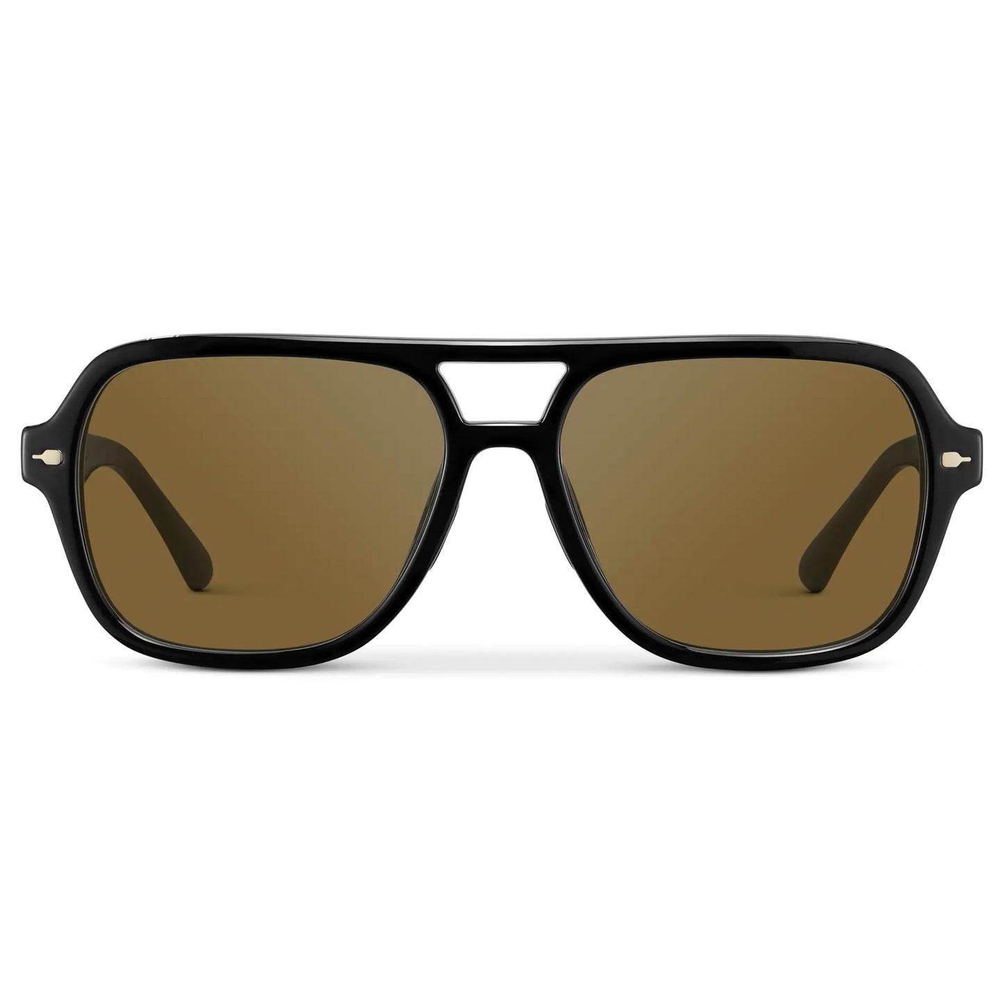 Black / Amber || Women's Flat-Top Aviator Prescription Sunglasses with Black Frame and Brown Lens on a white background