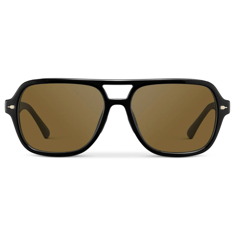 Black / Amber || Women's Flat-Top Aviator Prescription Sunglasses with Black Frame and Brown Lens on a white background