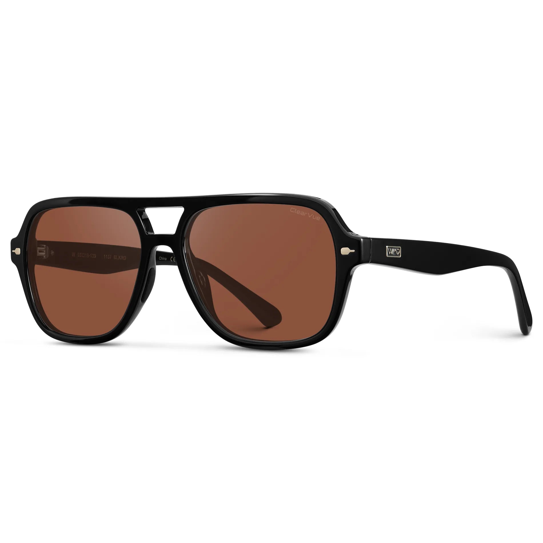 Black / Tinted Red Lens || Side view of Women's Flat-Top Aviator Sunglasses with Black Frame and Tinted Red Lens on a white background