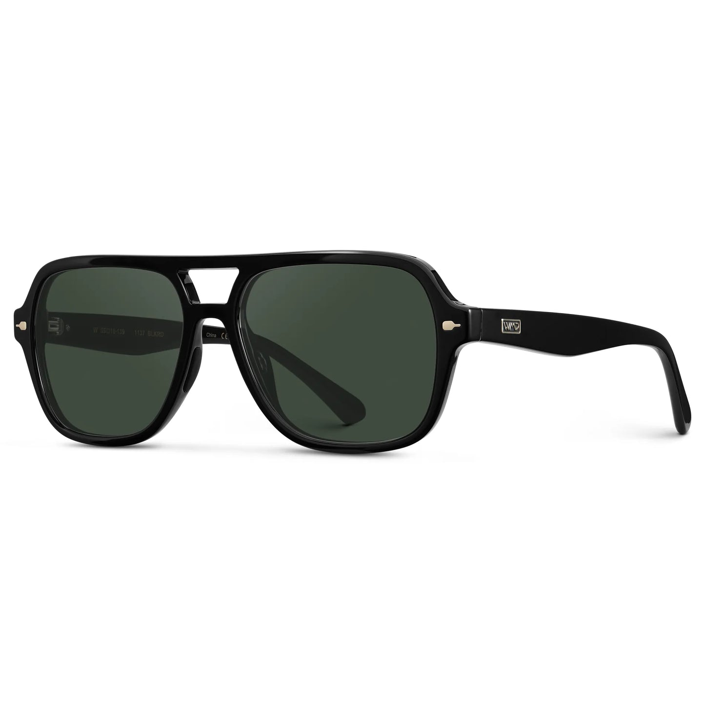 Black / G15 || Side view of Women's Flat-Top Aviator Prescription Sunglasses with Black Frame and Green Lens on a white background