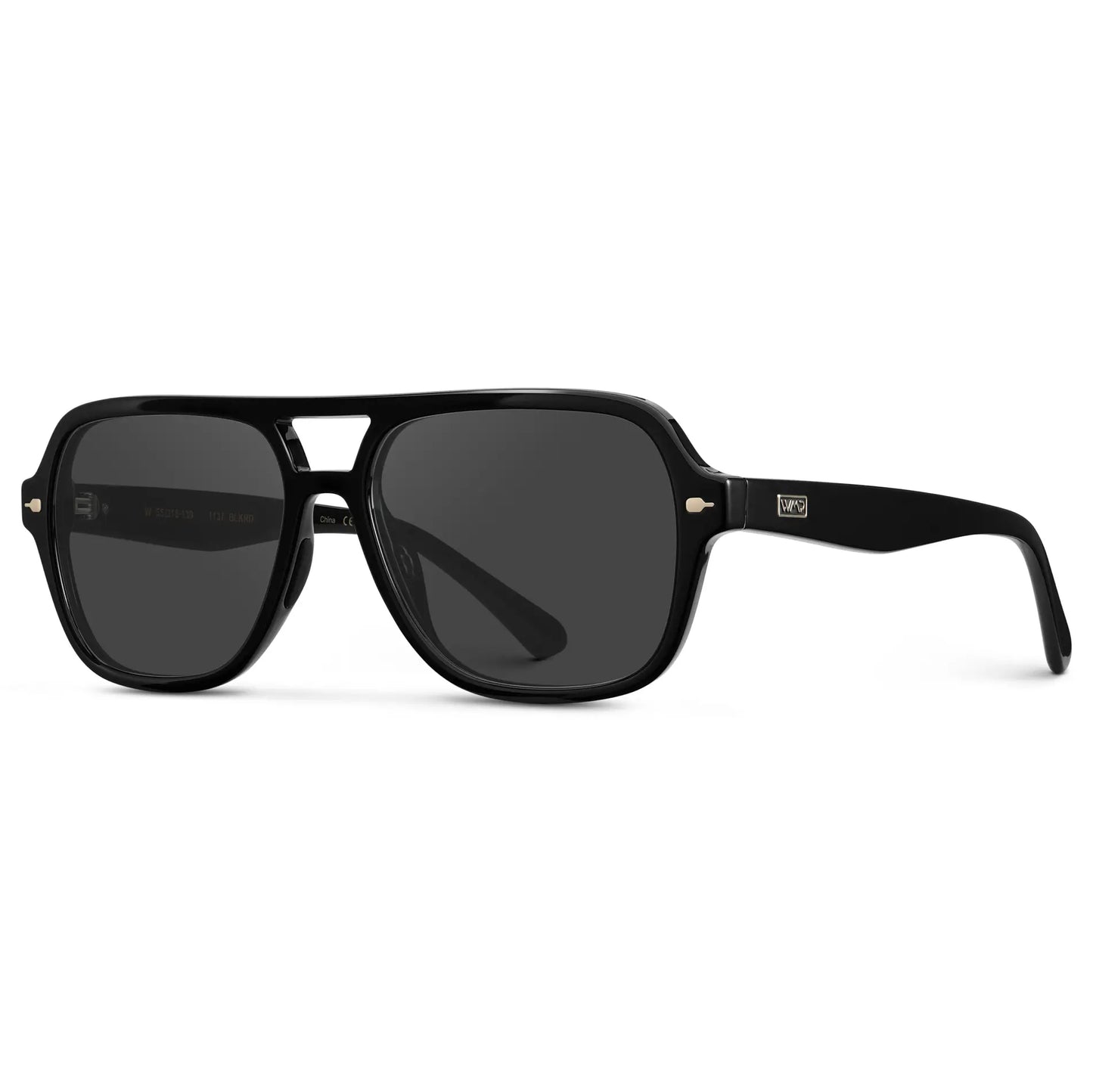 Black / Grey || Side view of Women's Flat-Top Aviator Prescription Sunglasses with Black Frame and Grey Lens on a white background