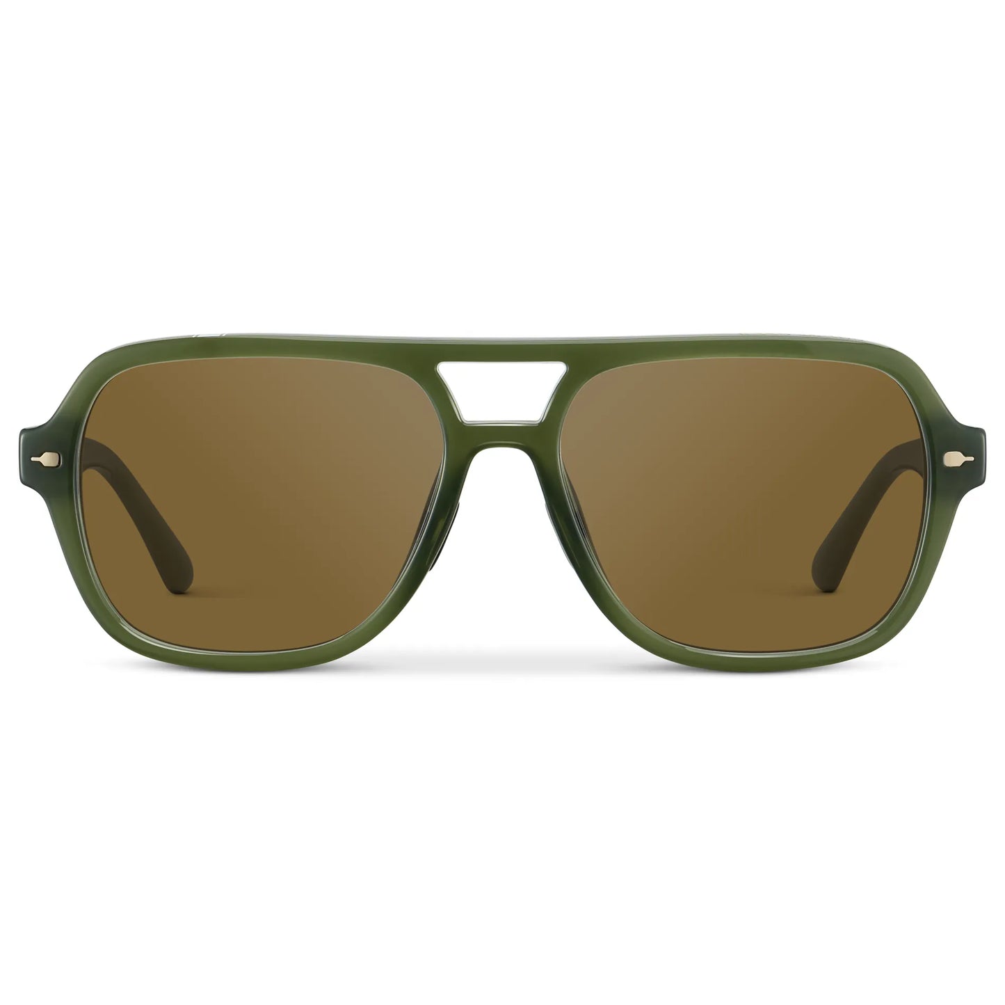 Olive Green / Amber || Women's Flat-Top Aviator Prescription Sunglasses with Olive Green Frame and Brown Lens on a white background