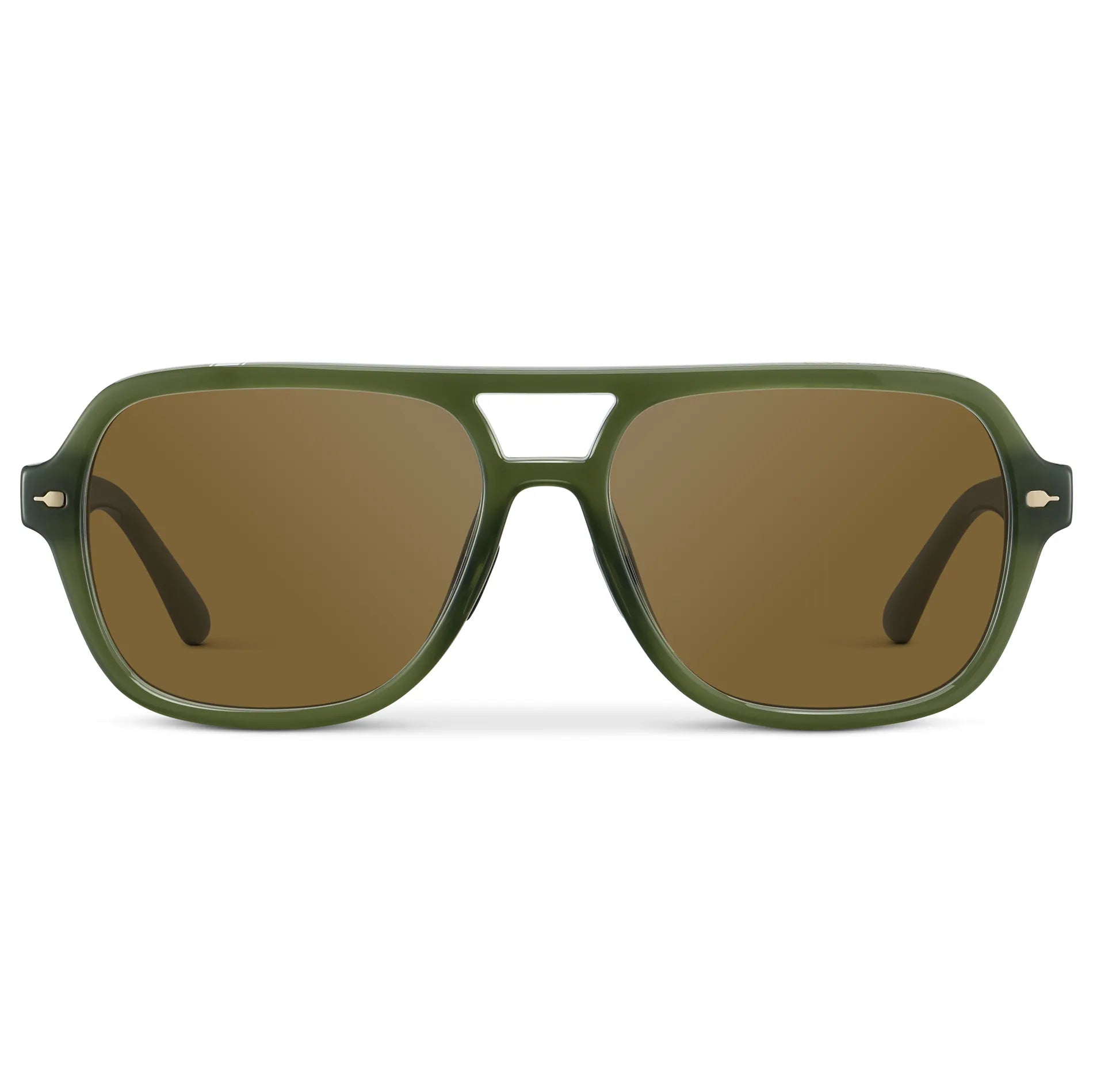 Olive Green / Amber || Women's Flat-Top Aviator Prescription Sunglasses with Olive Green Frame and Brown Lens on a white background