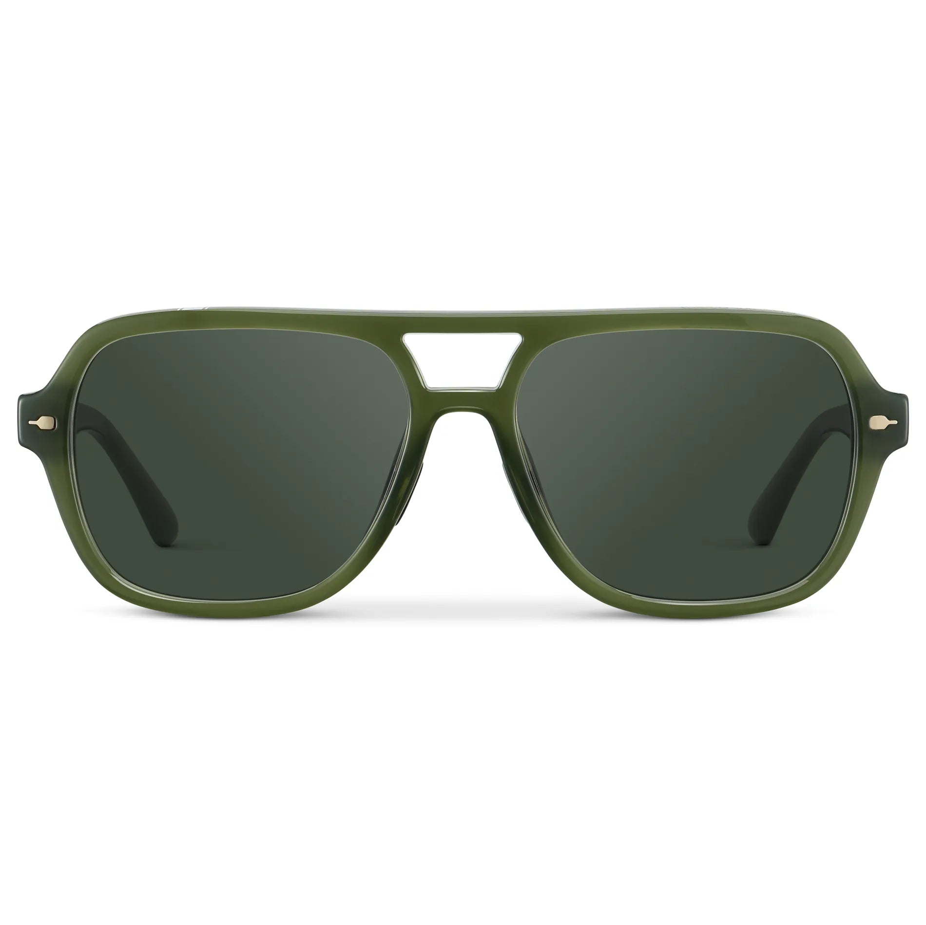 Olive Green / G15 || Women's Flat-Top Aviator Prescription Sunglasses with Olive Green Frame and Green Lens on a white background