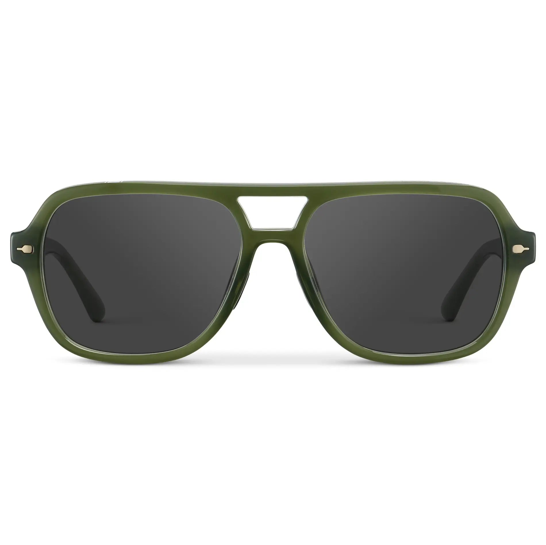 Olive Green / Grey || Women's Flat-Top Aviator Prescription Sunglasses with Olive Green Frame and Grey Lens on a white background