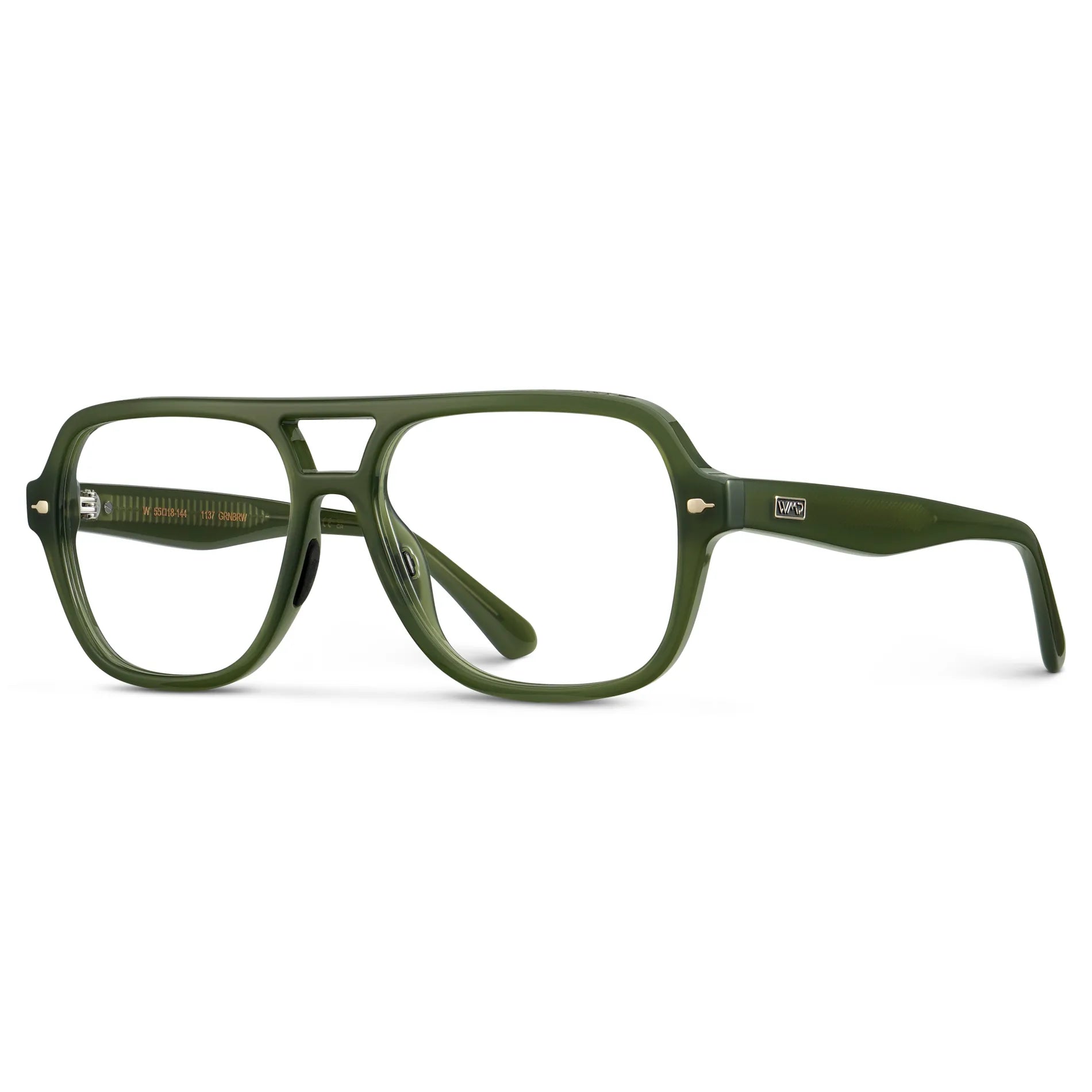 Olive Green || Side view of Women's Flat-Top Aviator Prescription Eyeglasses with Olive Green Frame and Clear Lens on a white background