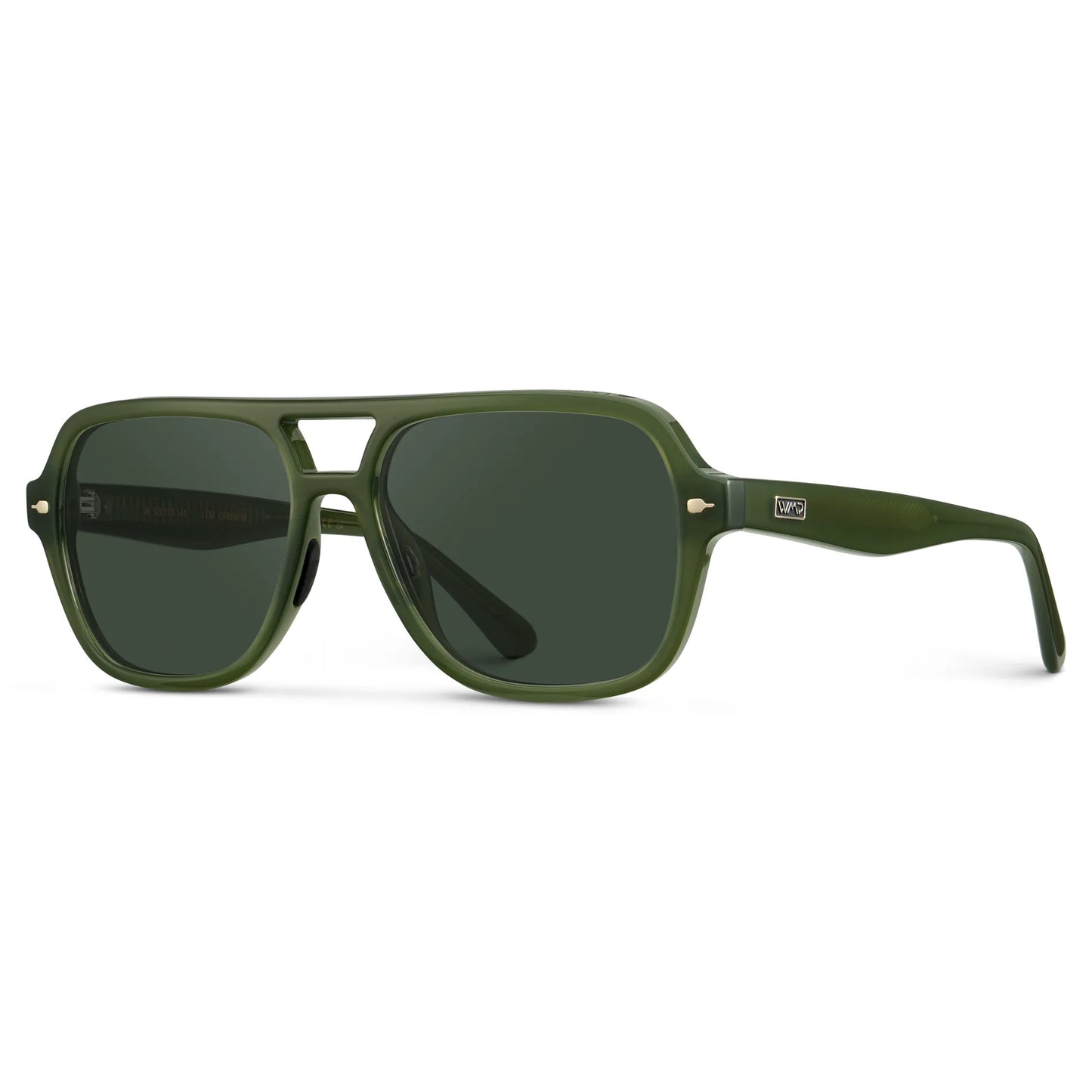 Olive Green / G15 || Side view of Women's Flat-Top Aviator Prescription Sunglasses with Olive Green Frame and Green Lens on a white background