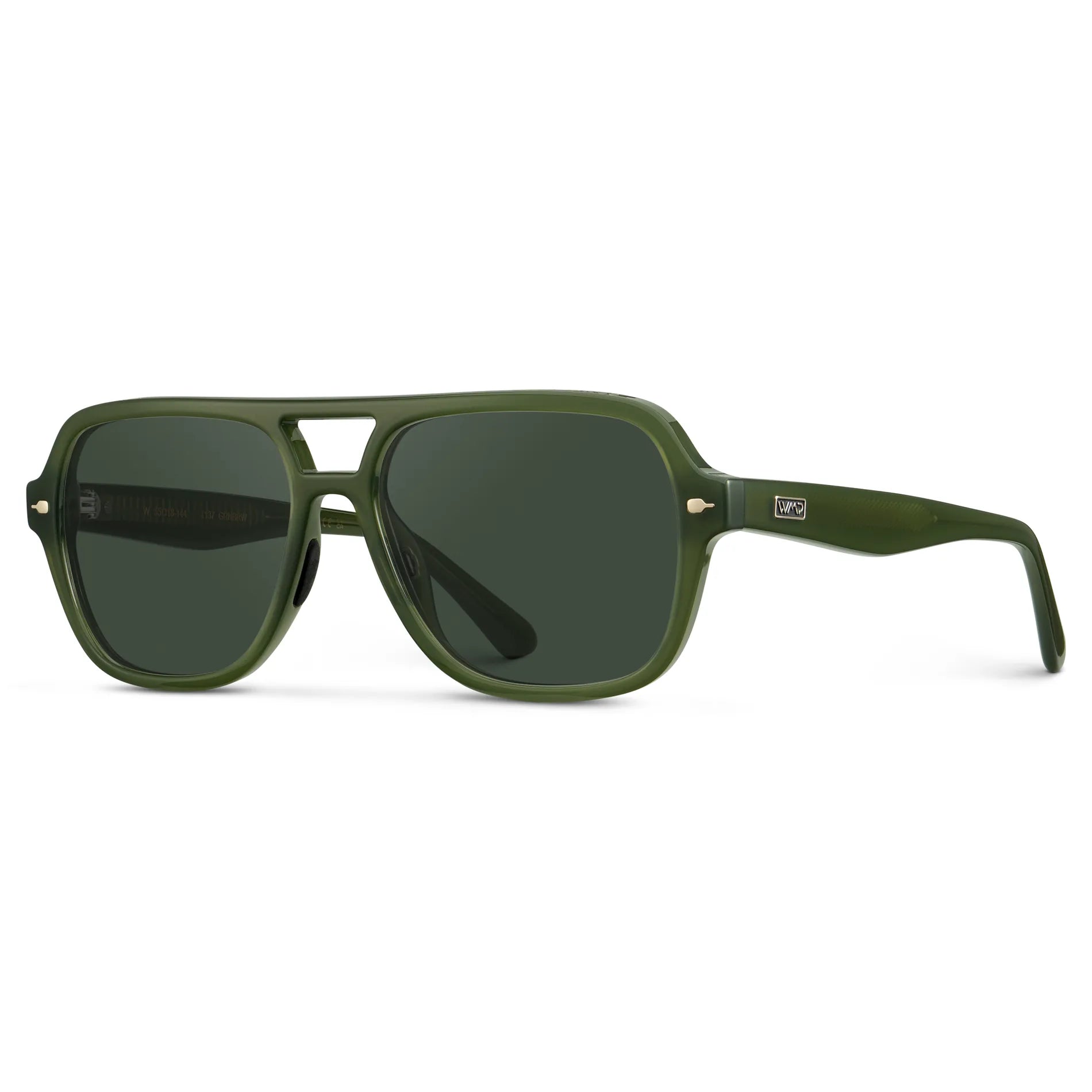 Olive Green / G15 || Side view of Women's Flat-Top Aviator Prescription Sunglasses with Olive Green Frame and Green Lens on a white background