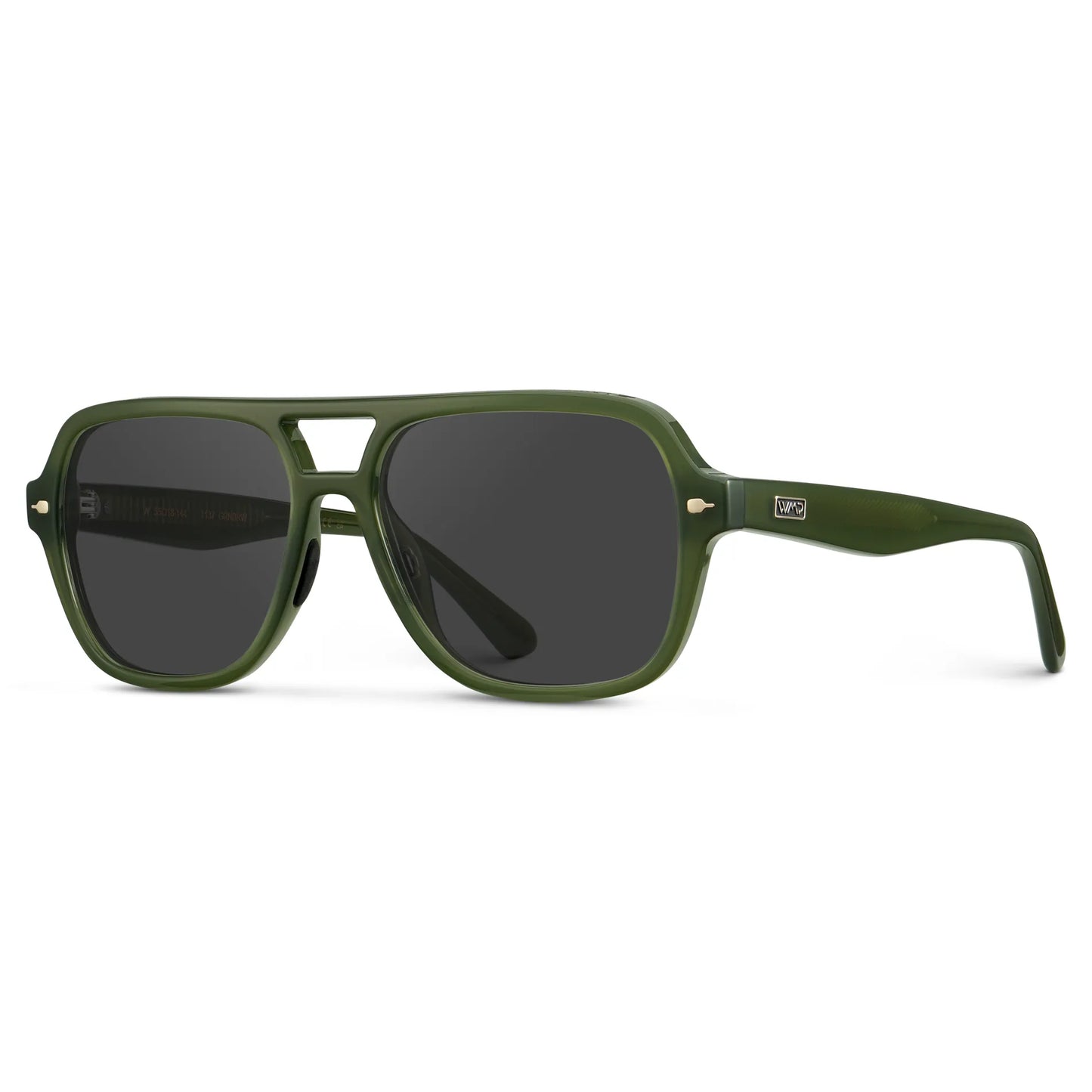 Olive Green / Grey || Side view of Women's Flat-Top Aviator Prescription Sunglasses with Olive Green Frame and Grey Lens on a white background