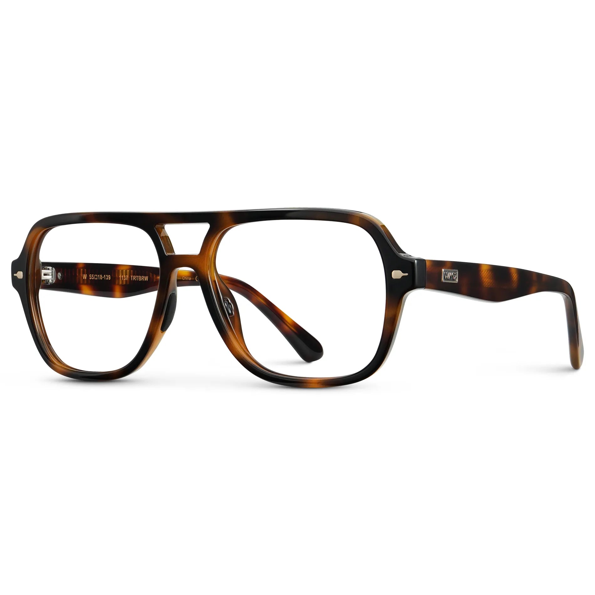 Brown Tortoise || Side view of Women's Flat-Top Aviator Prescription Eyeglasses with Brown Tortoise Frame and Clear Lens on a white background
