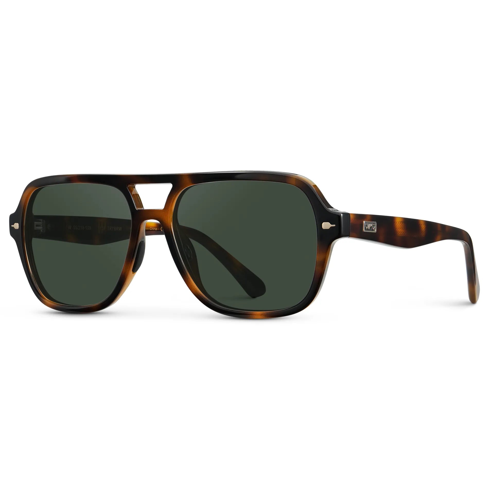 Brown Tortoise / G15 || Side view of Women's Flat-Top Aviator Prescription Sunglasses with Brown Tortoise Frame and Green Lens on a white background