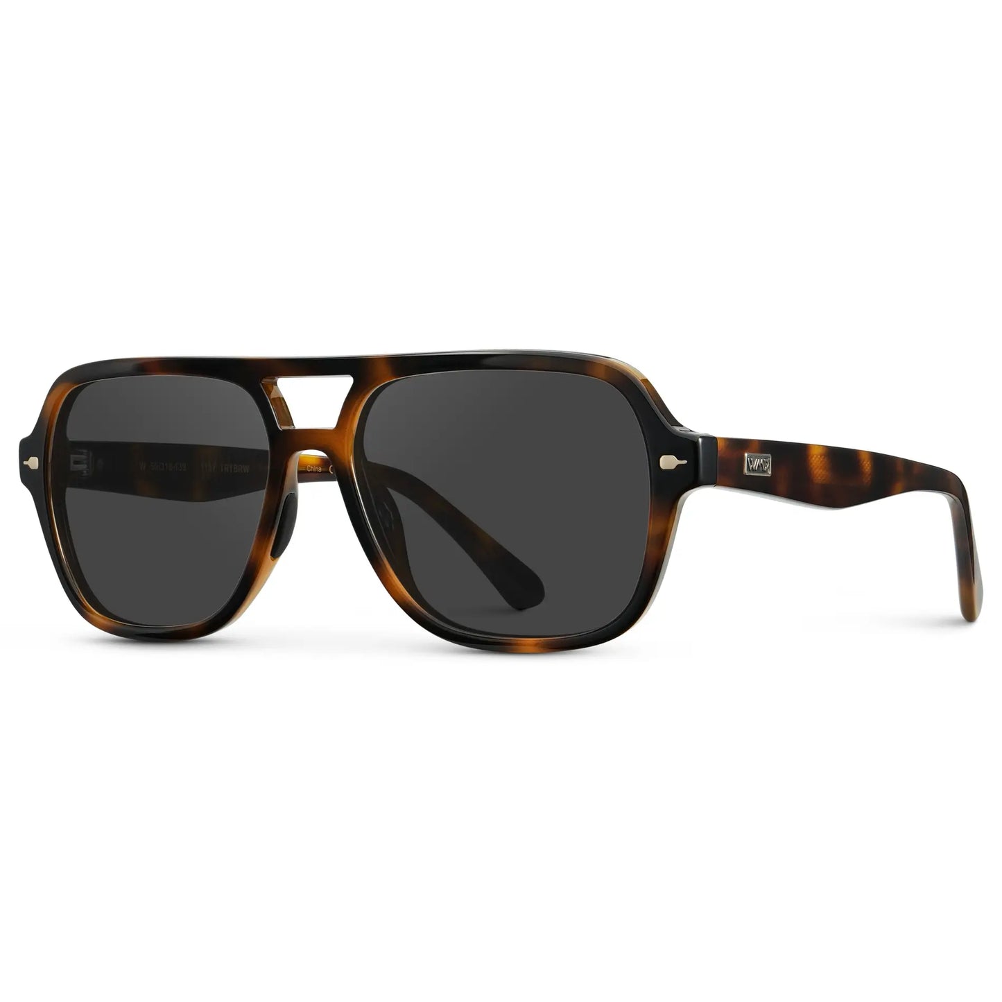 Brown Tortoise / Grey || Side view of Women's Flat-Top Aviator Prescription Sunglasses with Brown Tortoise Frame and Grey Lens on a white background