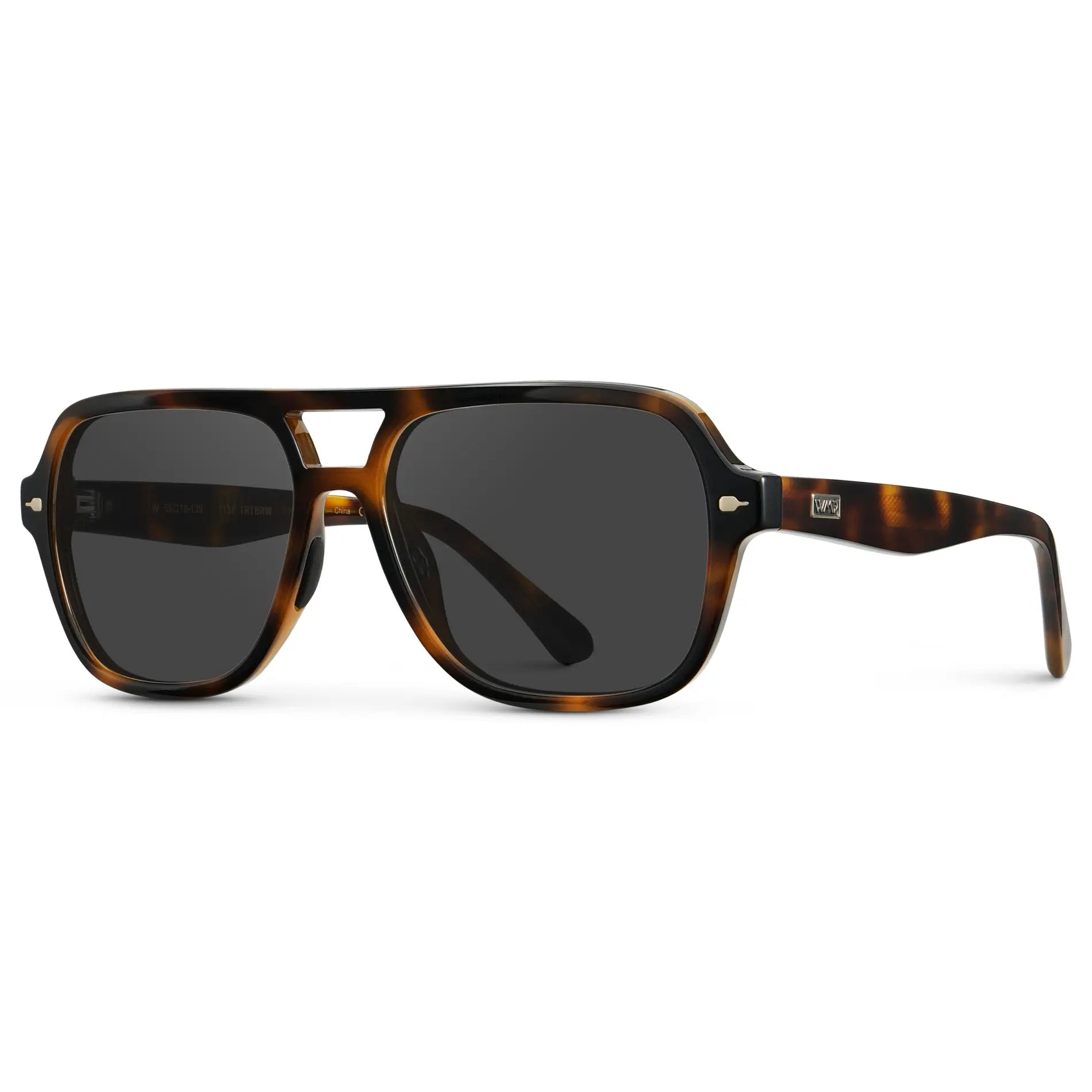 Brown Tortoise / Grey || Side view of Women's Flat-Top Aviator Prescription Sunglasses with Brown Tortoise Frame and Grey Lens on a white background