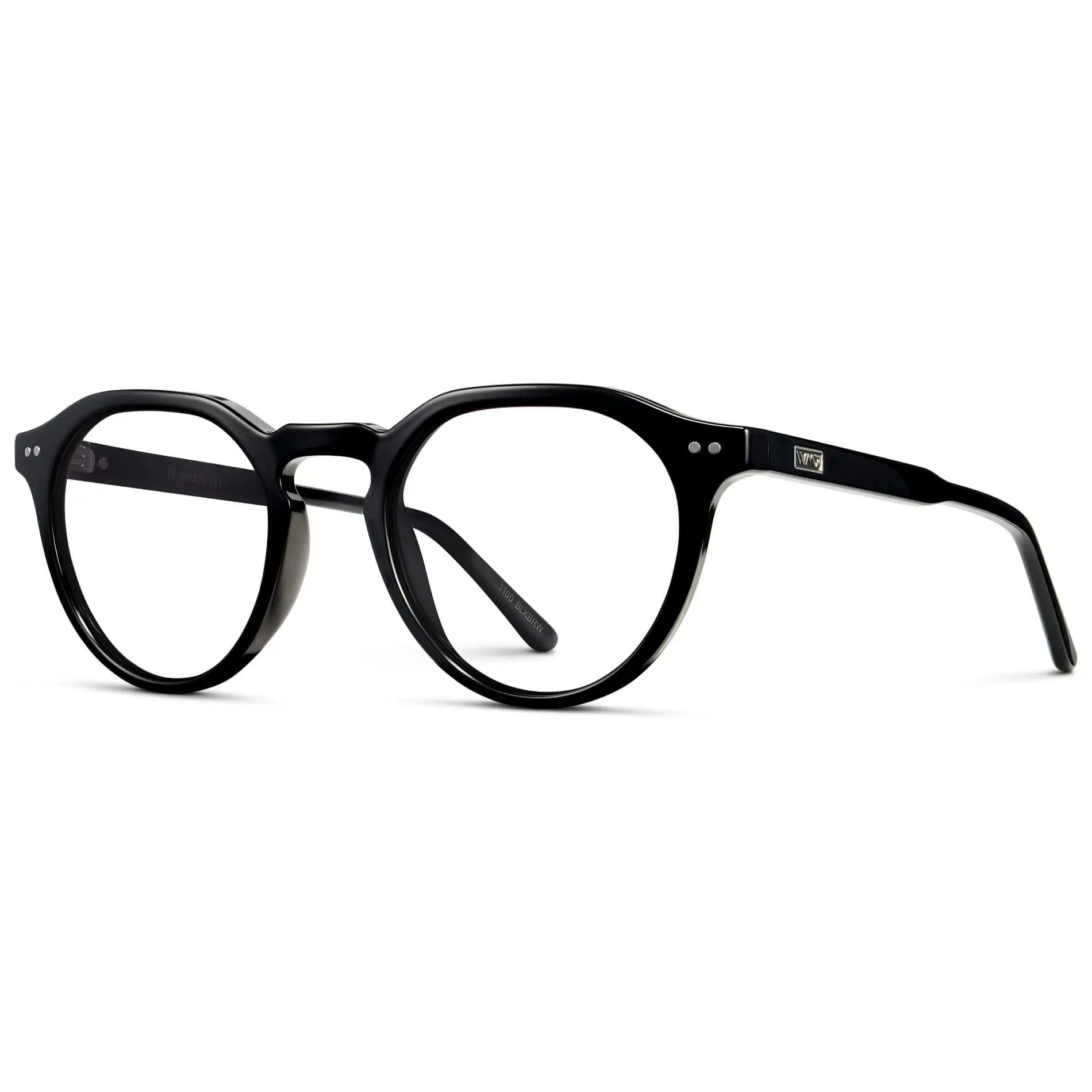 Black || Side view of Men's Round Prescription Glasses with Black Acetate Frame and Clear Lenses on a white background