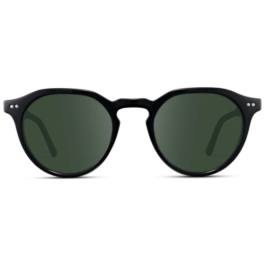 Black / G15 Lens || Men's Round Prescription Sunglasses with Black Acetate Frame and Green Lenses