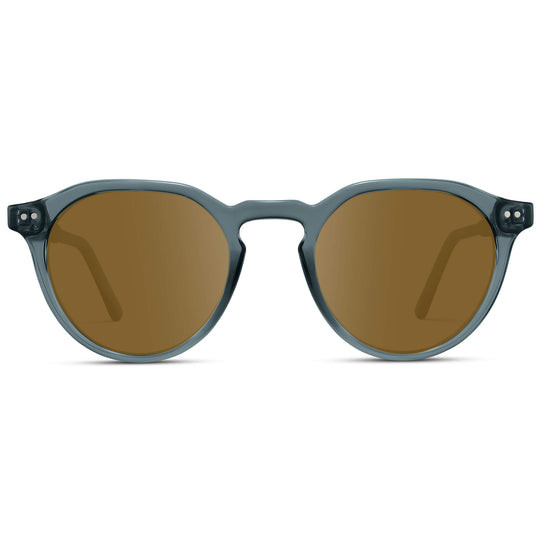 Crystal Stone Blue / Amber Lens || Men's Round Prescription Sunglasses with Crystal Blue Acetate Frame and Brown Lenses