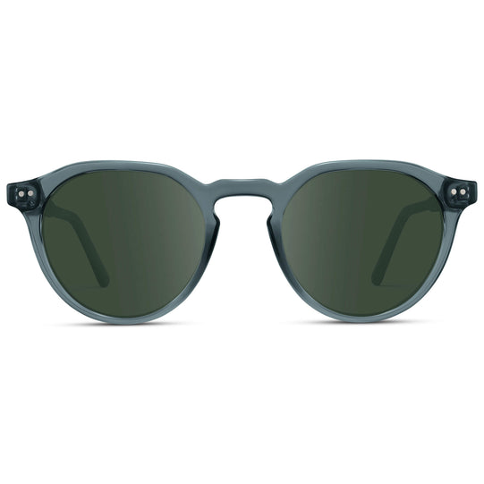 Crystal Stone Blue / G15 Lens || Men's Round Prescription Sunglasses with Crystal Blue Acetate Frame and Green Lenses