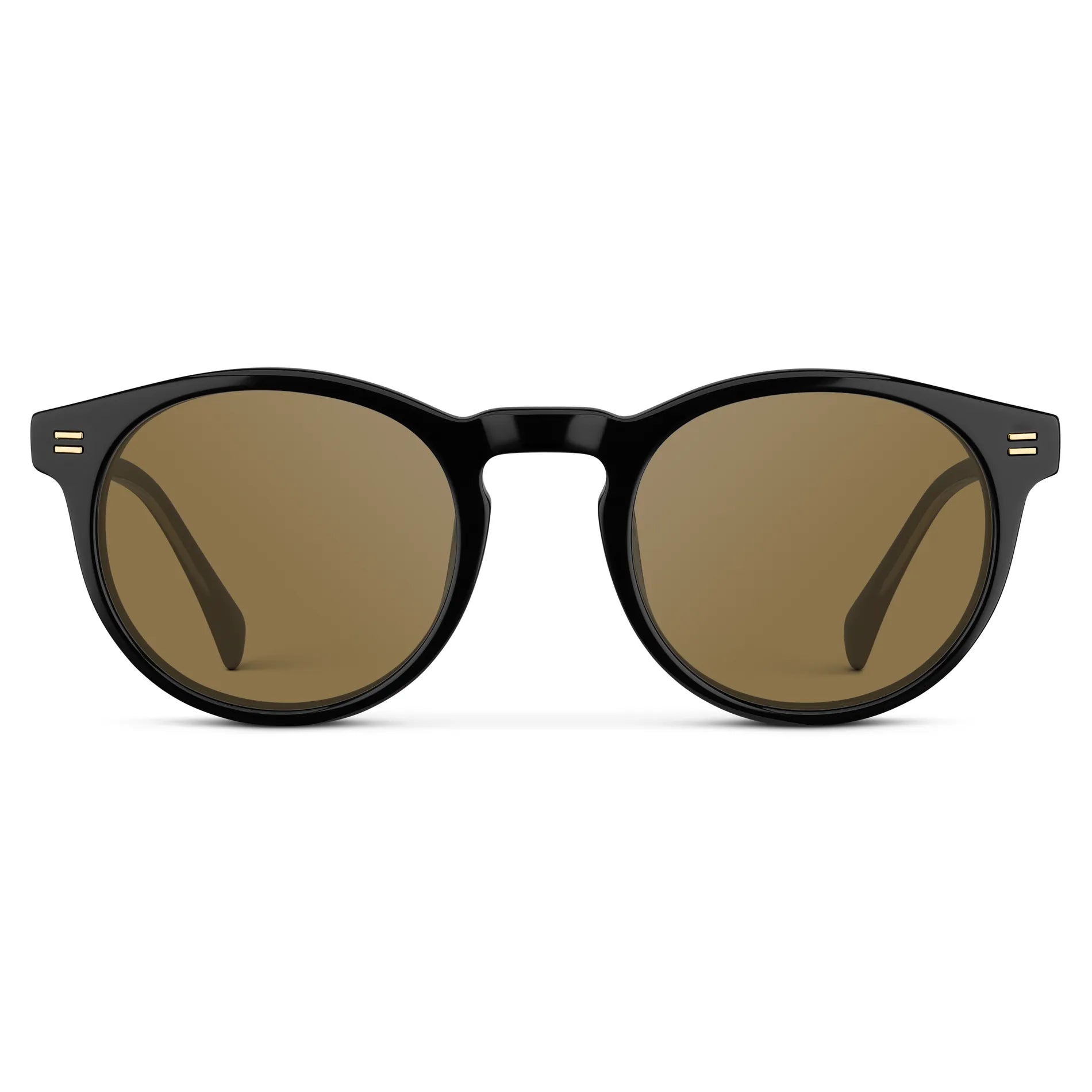 Black / Amber || Front view of Men's Round Prescription Sunglasses with Black Frame and Brown Lens on a white background
