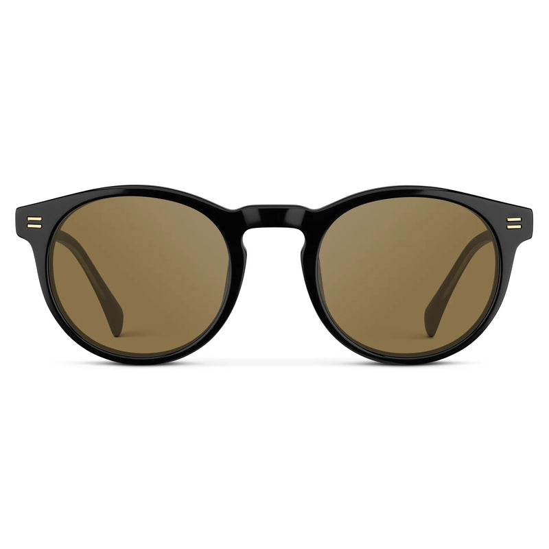Black / Amber || Front view of Men's Round Prescription Sunglasses with Black Frame and Brown Lens on a white background