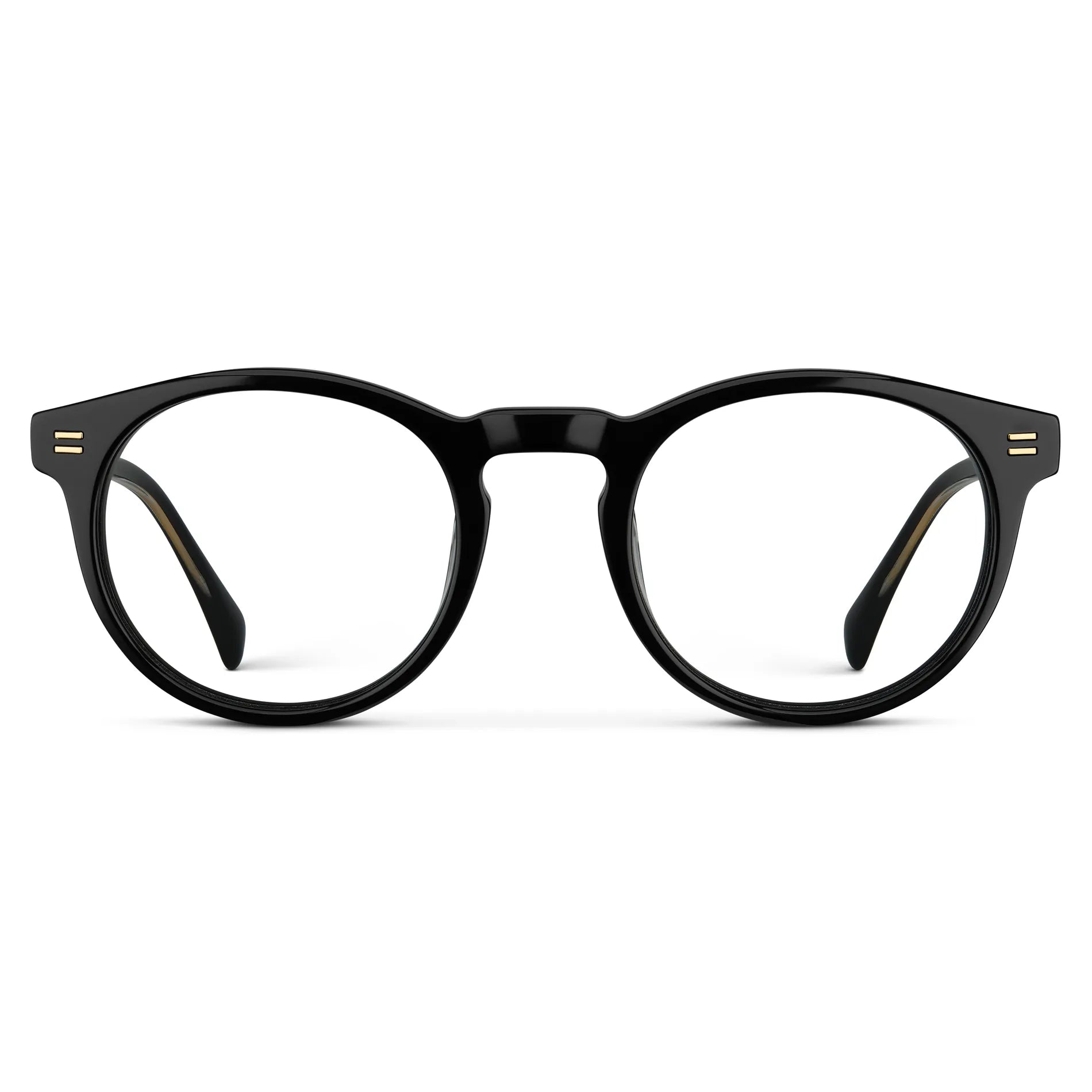 Black || Front view of Men's Round Prescription Eyeglasses with Black Frame and Clear Lens on a white background