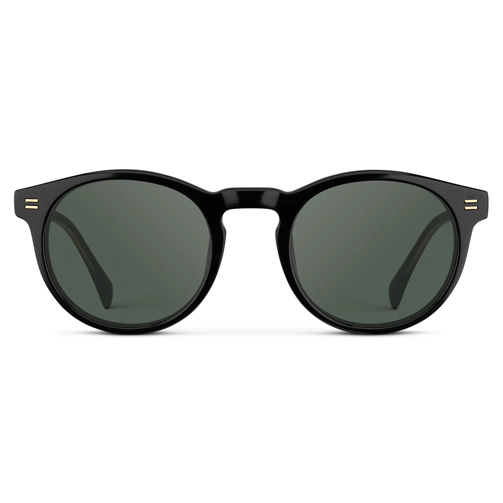 Black / G15 || Front view of Men's Round Prescription Sunglasses with Black Frame and Green Lens on a white background