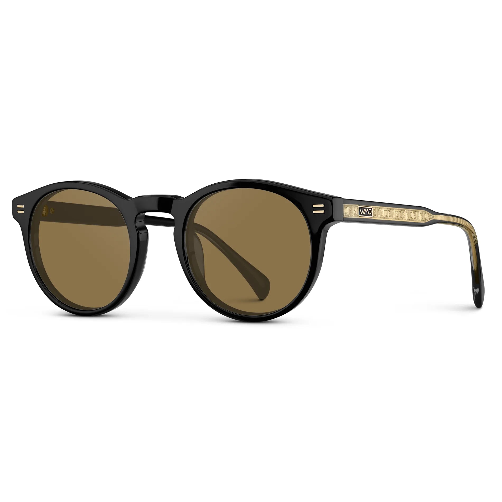 Black / Amber || Side view of Men's Round Prescription Sunglasses with Black Frame and Brown Lens on a white background