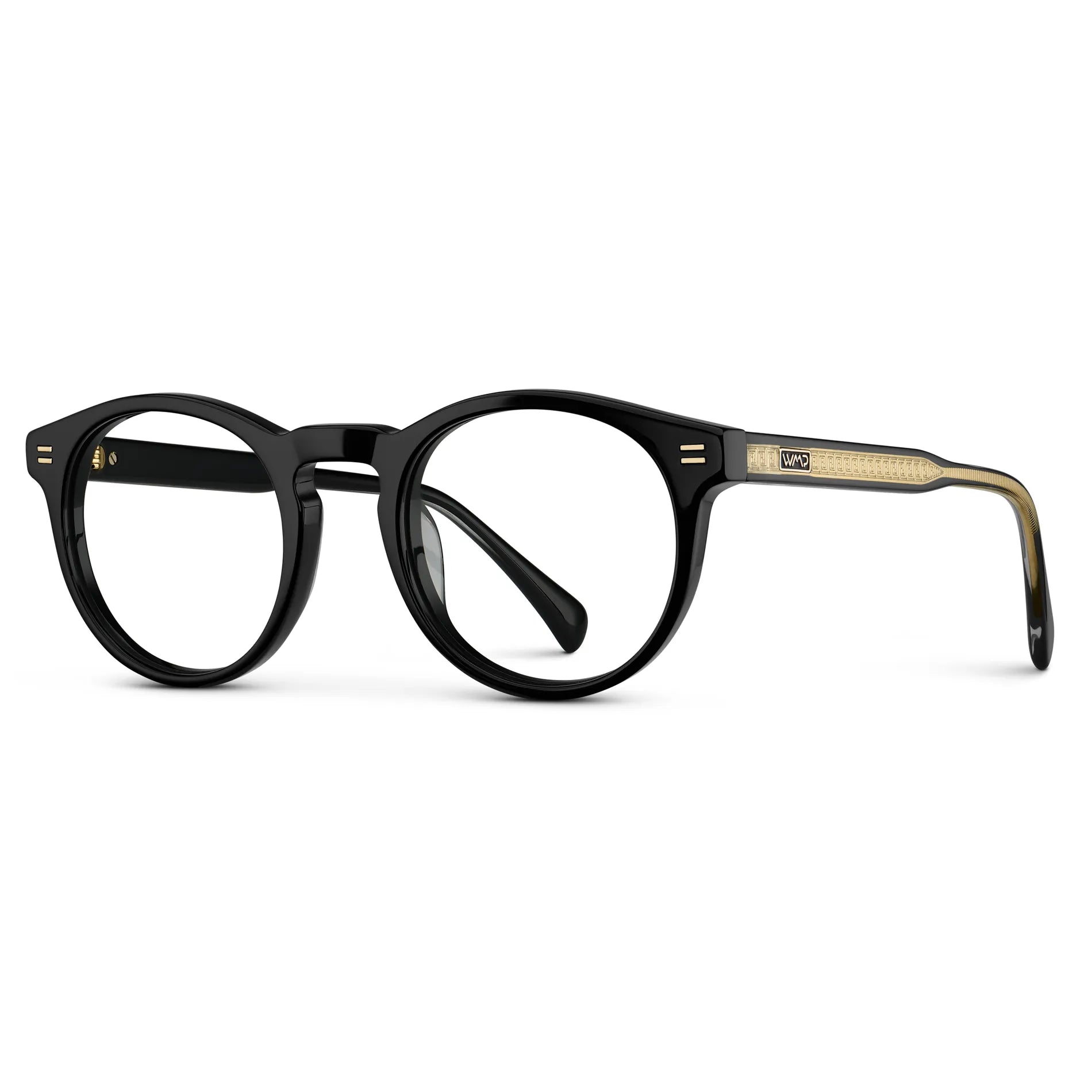 Black || Side view of Men's Round Prescription Eyeglasses with Black Frame and Clear Lens on a white background