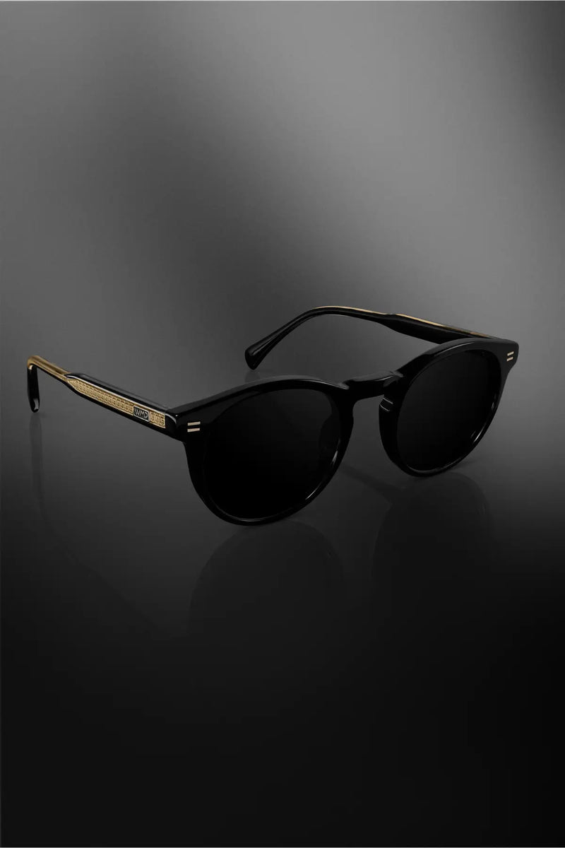WMP Rhodes round black sunglasses with gold engraved temples, side view