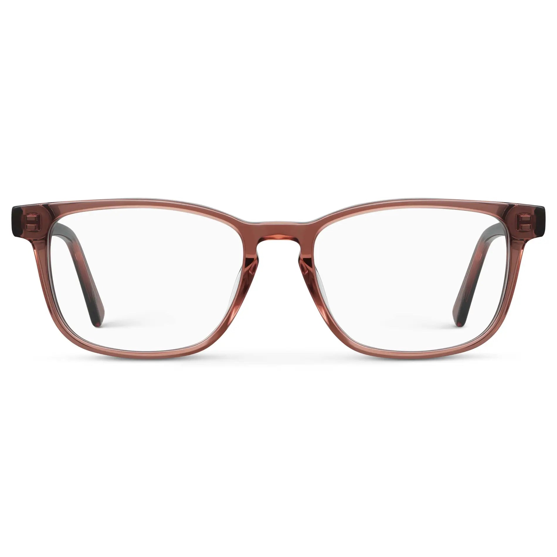 Redbrick Brown || Women's Rectangular Blue Light Blocking Glasses with Redbrick Brown Acetate Frame and Clear Lens on a white background 