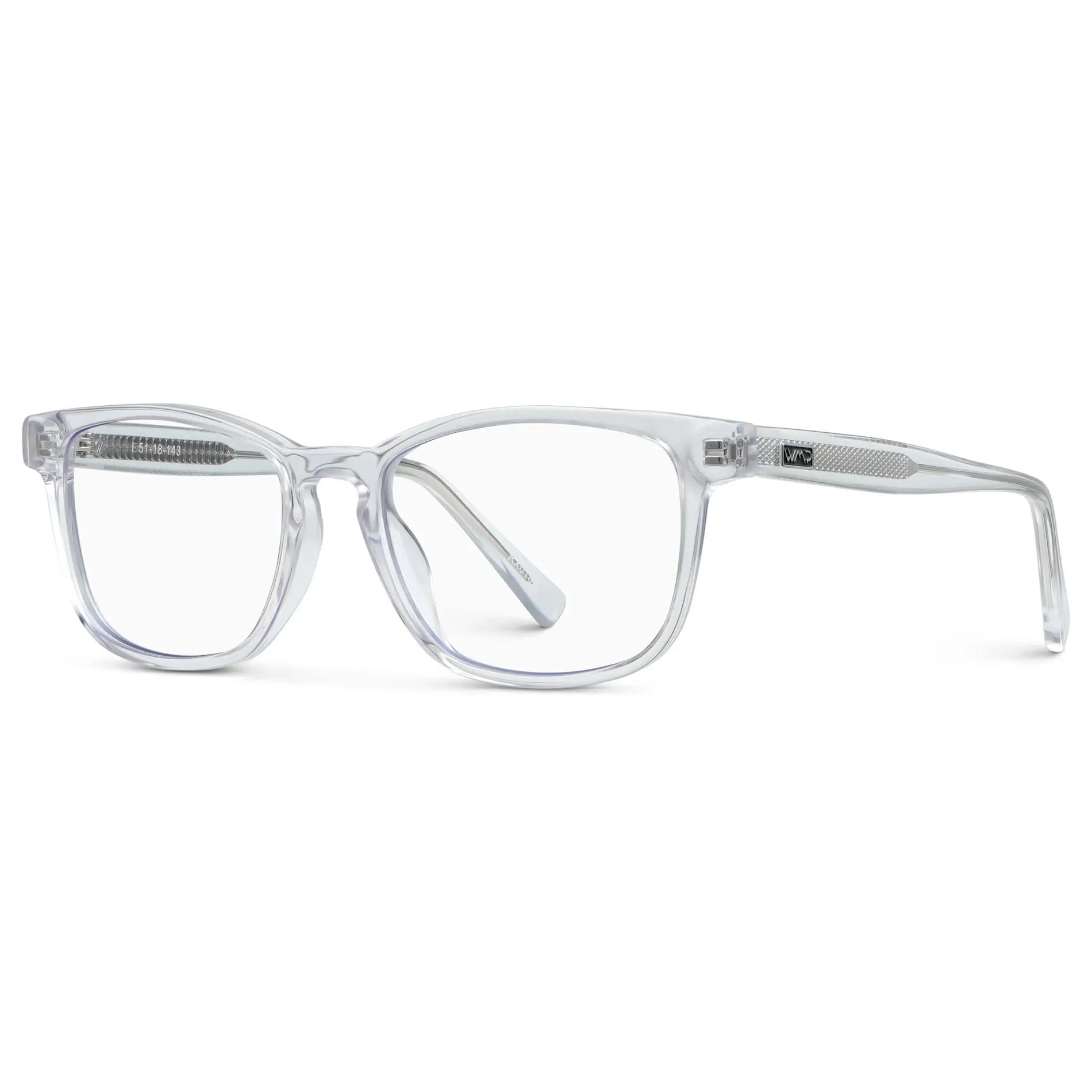 Clear || Side view of Women's Rectangular Eyeglasses with Clear Acetate Frame and Clear Prescription Lens on a white background
