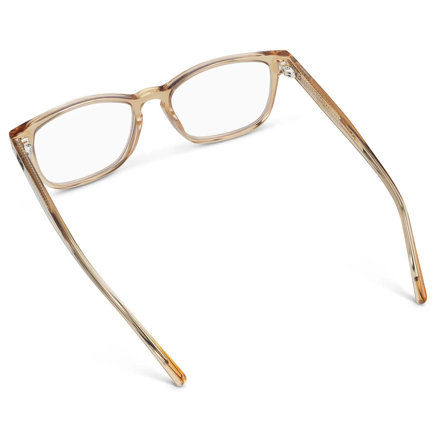 Aged Champagne || Side view of Women's Rectangular Blue Light Blocking Glasses with Aged Champagne Yellow Acetate Frame and Clear Lens on a white background 