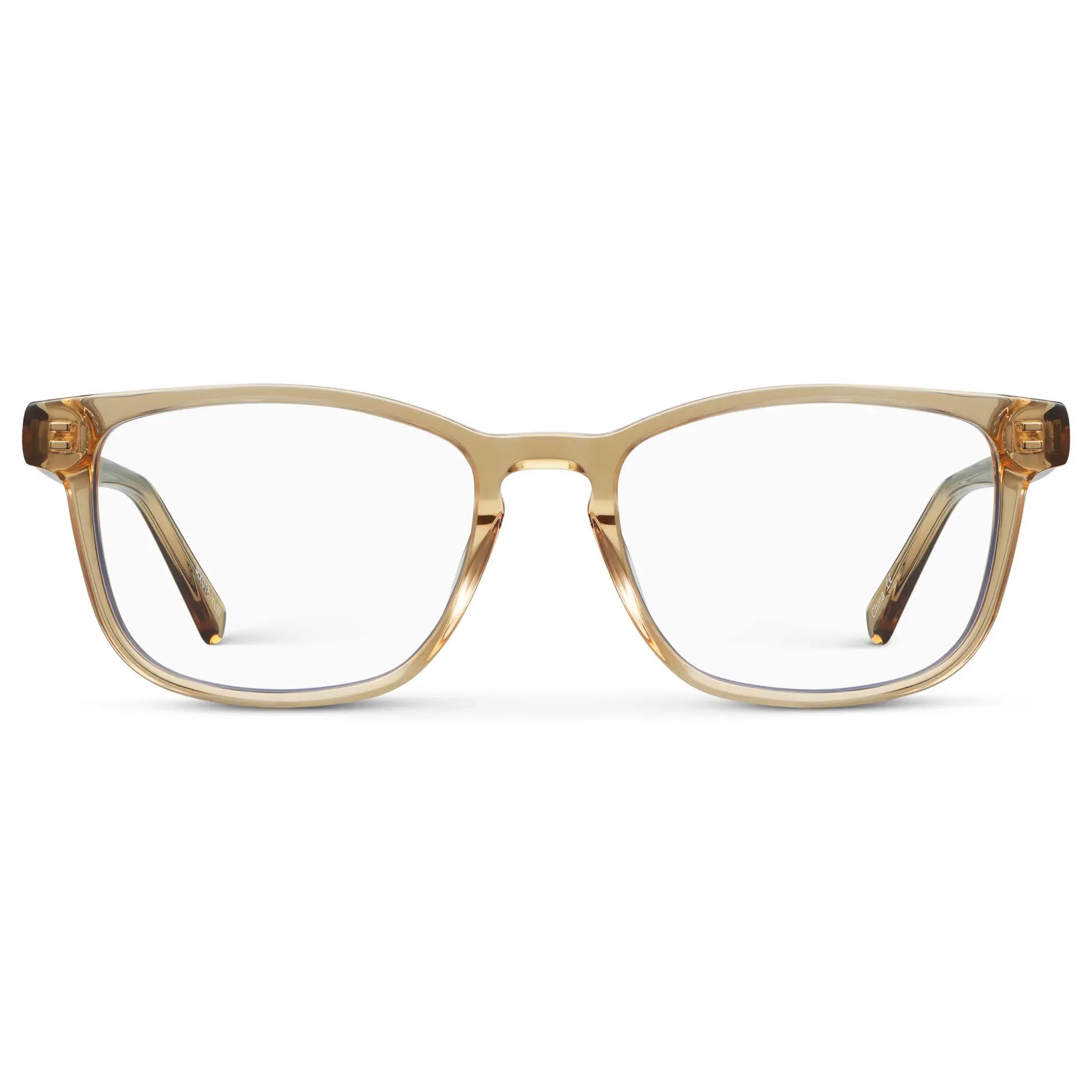 Aged Champagne || Women's Rectangular Blue Light Blocking Glasses with Aged Champagne Yellow Acetate Frame and Clear Lens on a white background 
