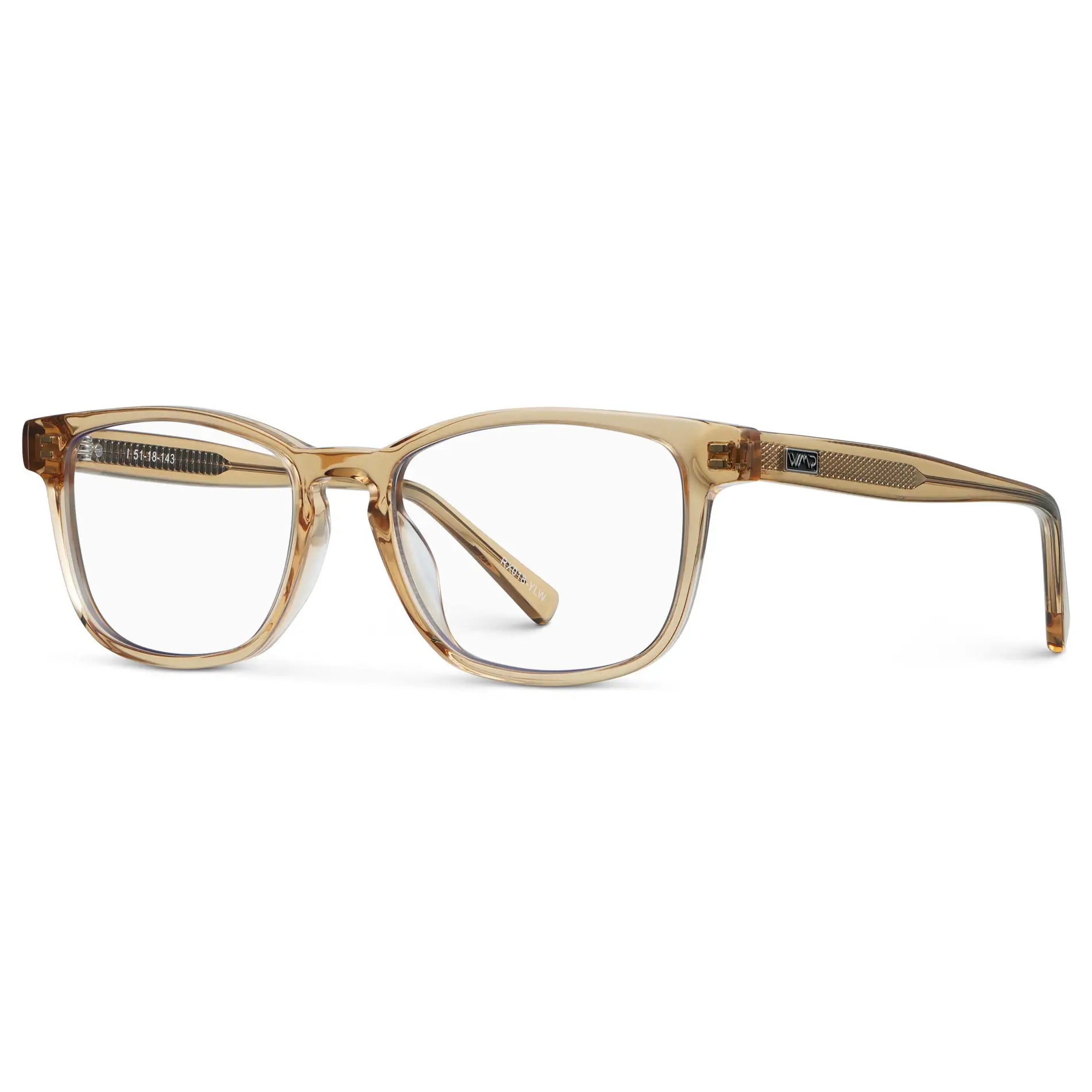 Aged Champagne || Side view of Women's Rectangular Blue Light Blocking Glasses with Aged Champagne Yellow Acetate Frame and Clear Lens