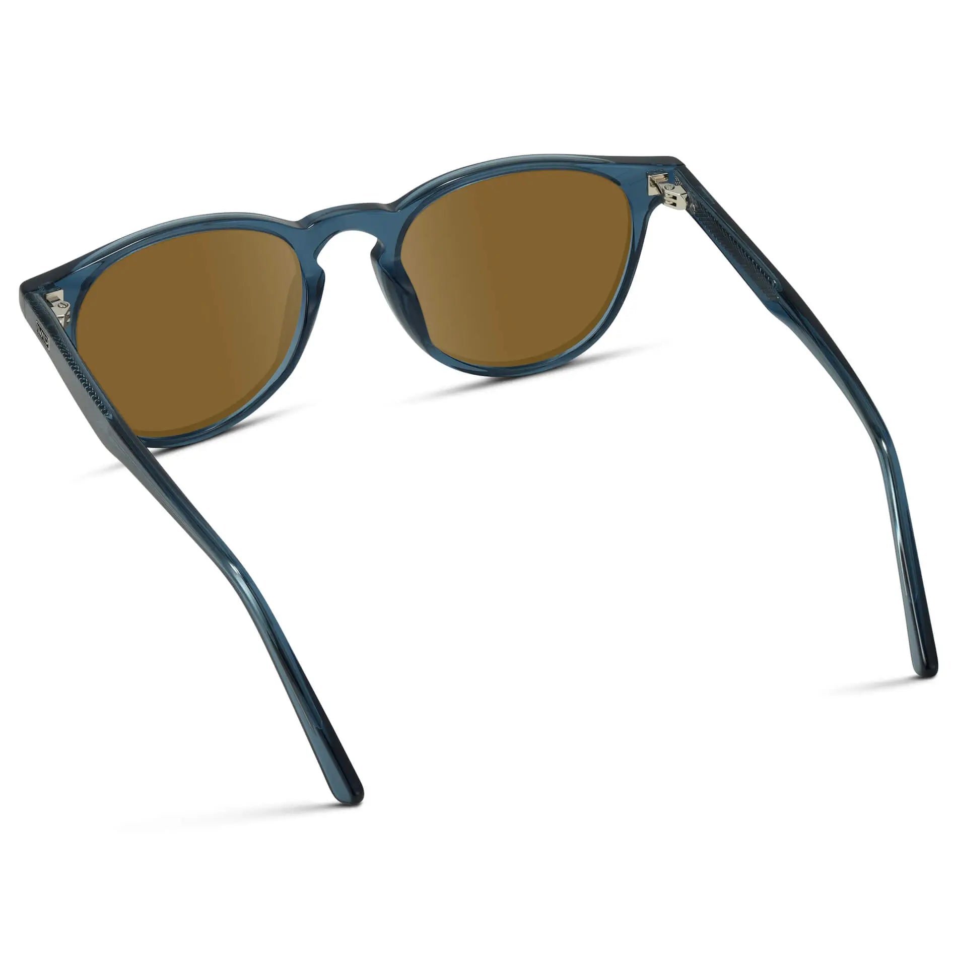 Crystal Cobalt / Amber || Back view of Men's Round Prescription Sunglasses with Crystal Cobalt Frame and Amber Lenses on a white background