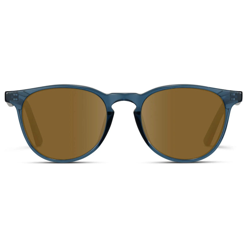 Crystal Cobalt / Amber || Men's Round Prescription Sunglasses with Crystal Cobalt Frame and Amber Lenses on a white background