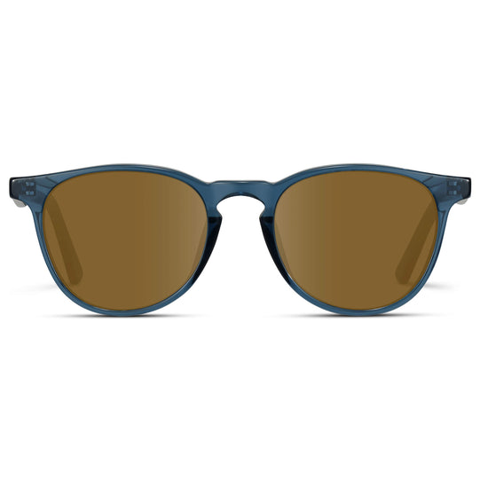 Crystal Cobalt / Amber Lens || Round Sunglasses with Blue Frame and Brown Lenses