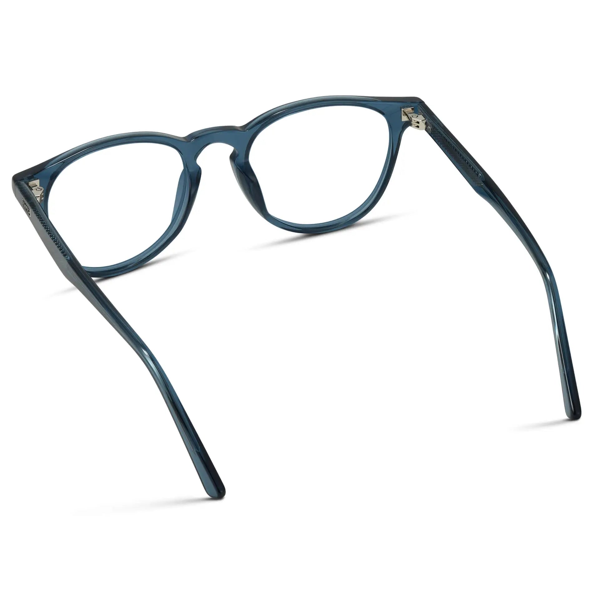 Crystal Cobalt || Back view of Men's Round Prescription Eyeglasses with Crystal Cobalt Frame and Clear Lenses on a white background