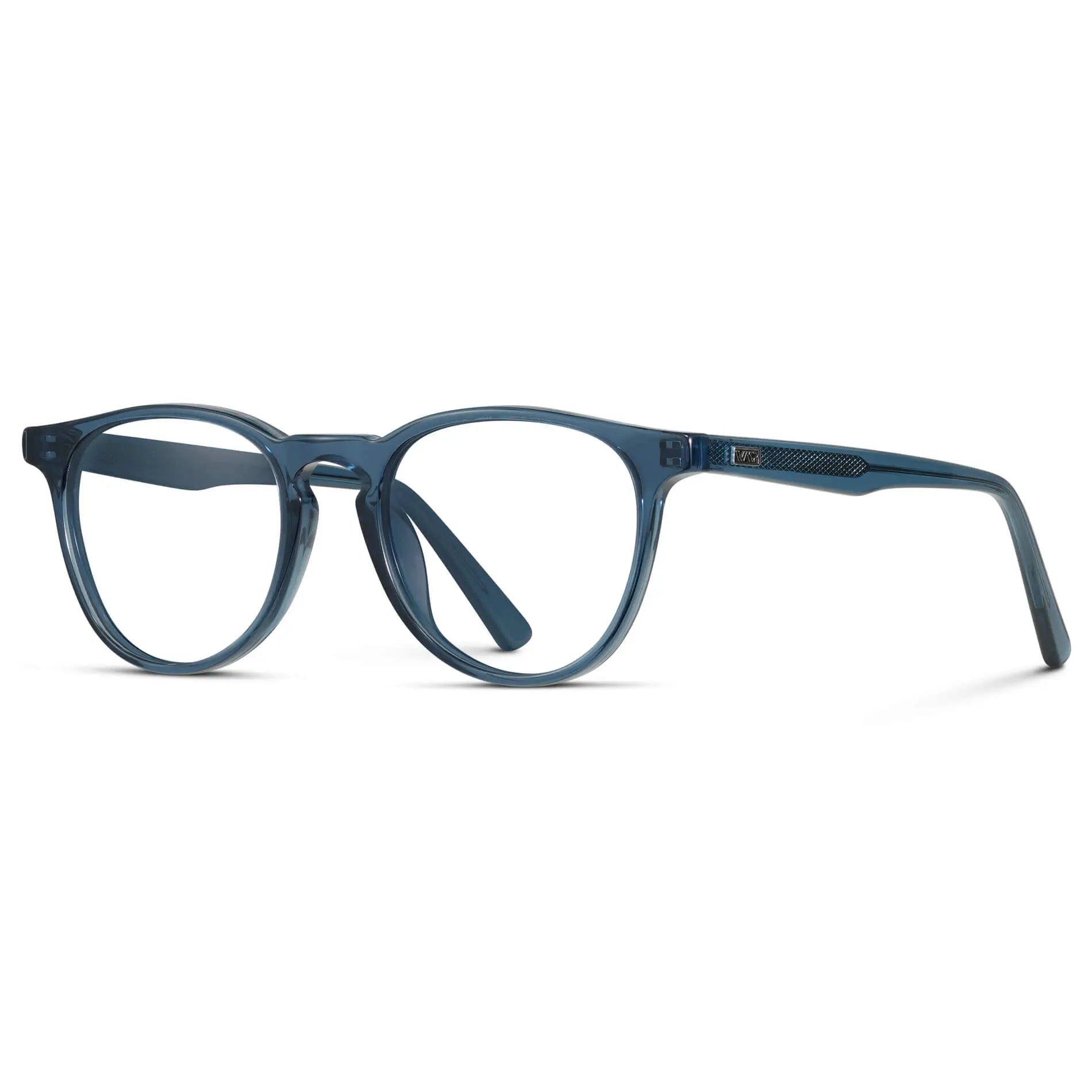 Crystal Cobalt || Side view of Men's Round Prescription Eyeglasses with Crystal Cobalt Frame and Clear Lenses on a white background
