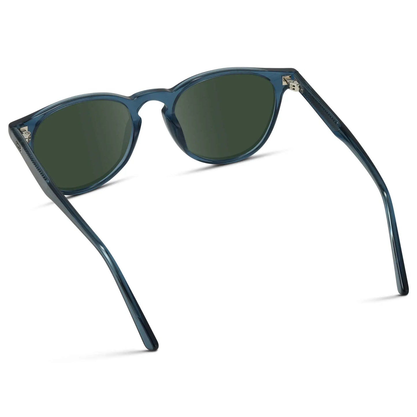 Crystal Cobalt / G15 || Back view of Men's Round Prescription Sunglasses with Crystal Cobalt Frame and Green Lenses on a white background