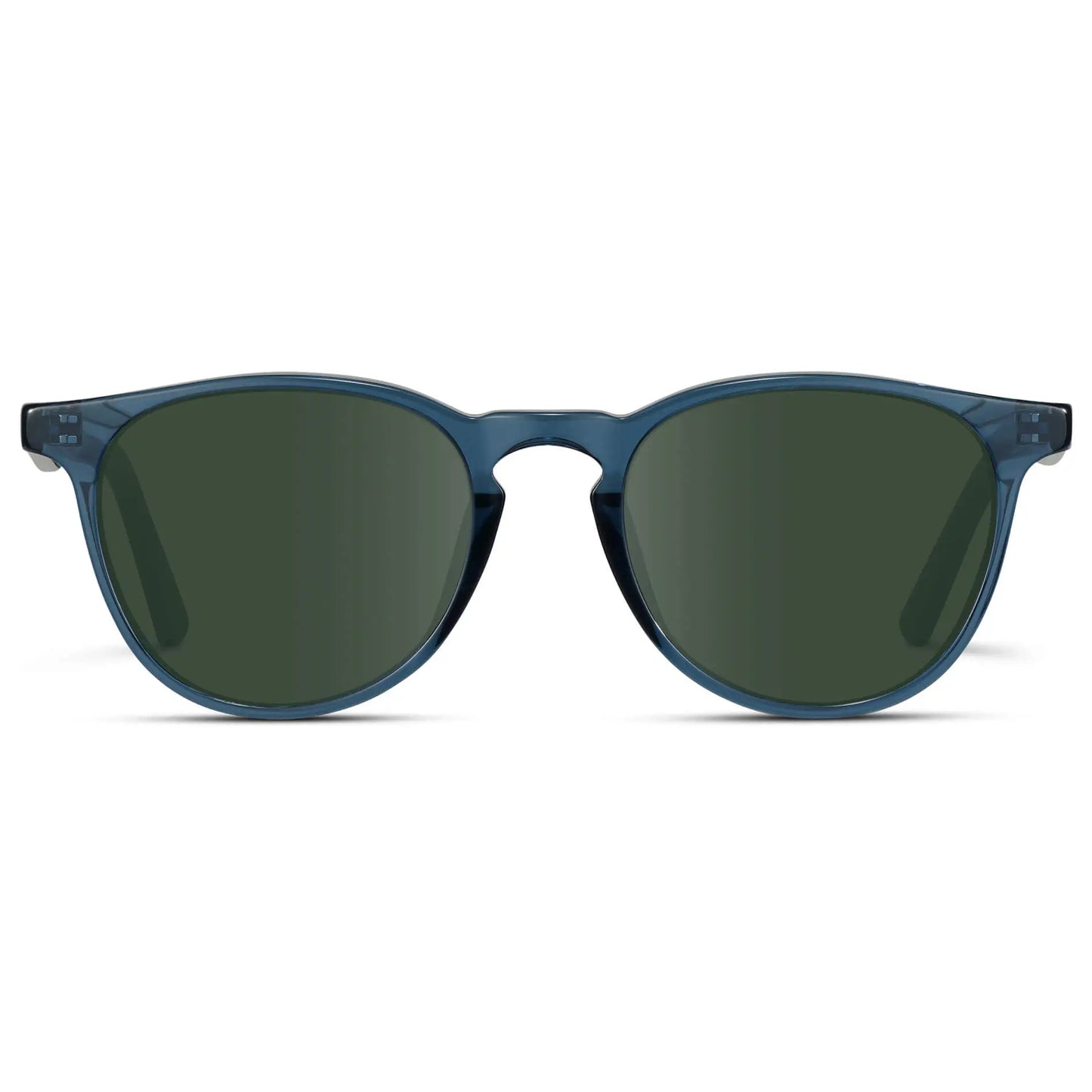 Crystal Cobalt / G15 || Men's Round Prescription Sunglasses with Crystal Cobalt Frame and Green Lenses on a white background