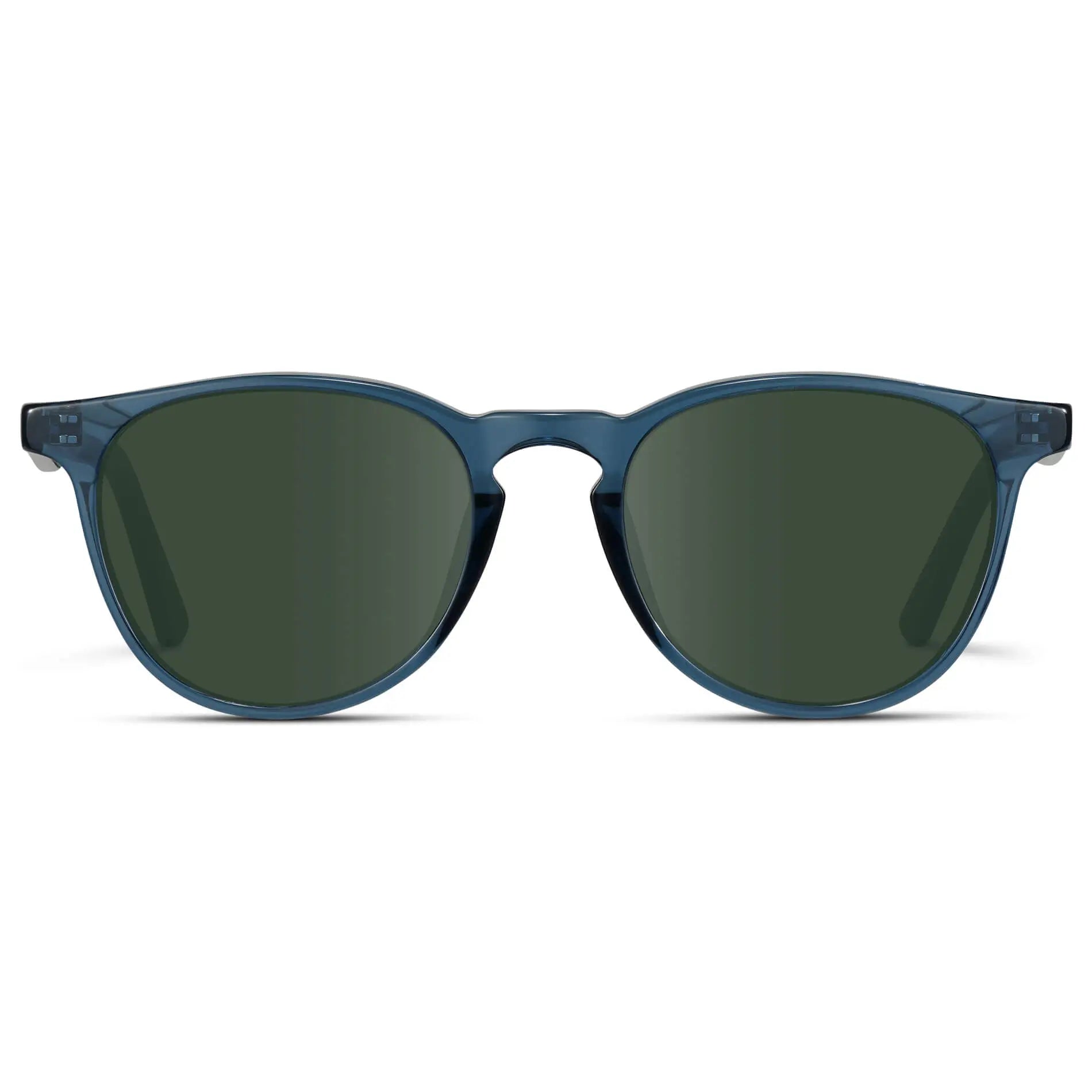 Crystal Cobalt / G15 || Men's Round Prescription Sunglasses with Crystal Cobalt Frame and Green Lenses on a white background