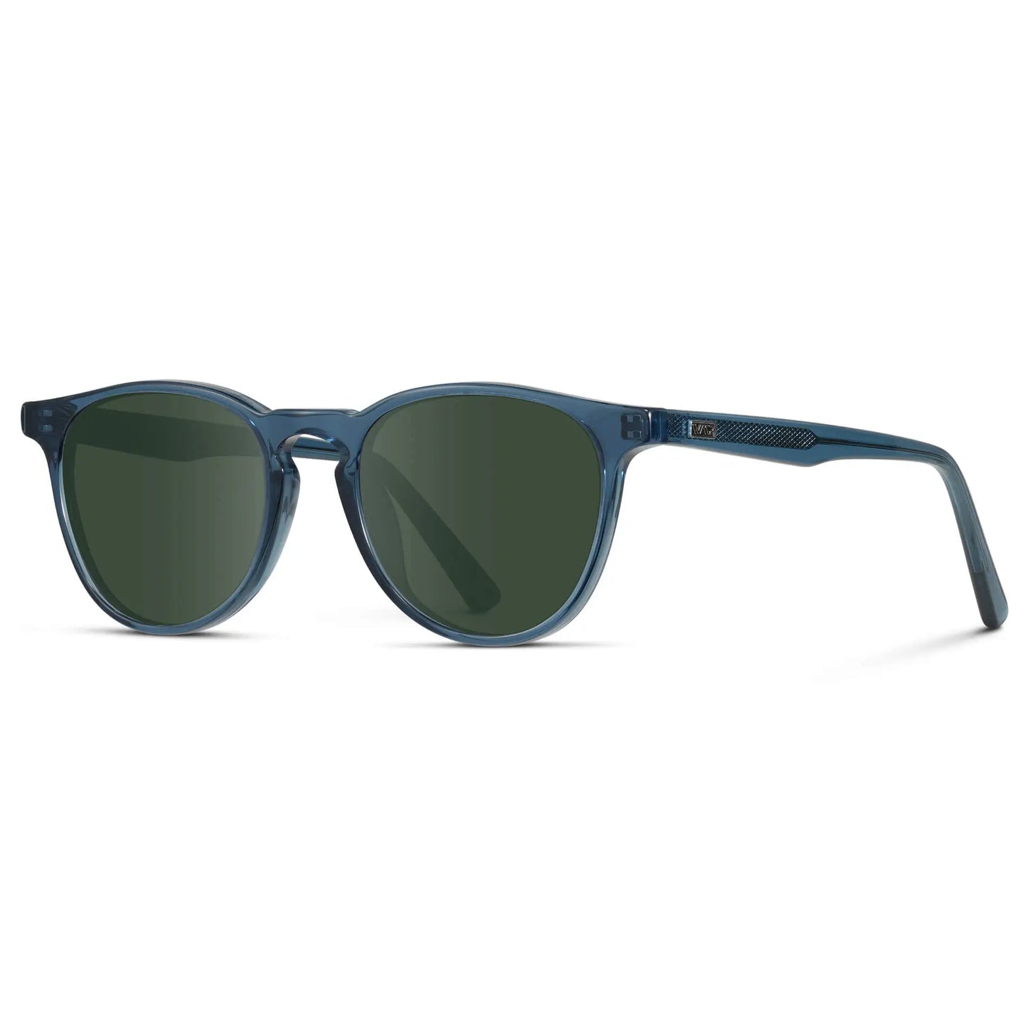 Crystal Cobalt / G15 || Side view of Men's Round Prescription Sunglasses with Crystal Cobalt Frame and Green Lenses on a white background