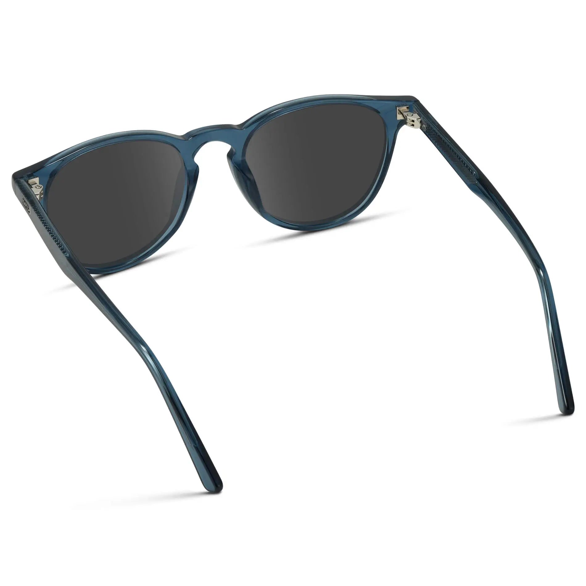 Crystal Cobalt / Grey || Back view of Men's Round Prescription Sunglasses with Crystal Cobalt Frame and Grey Lenses on a white background