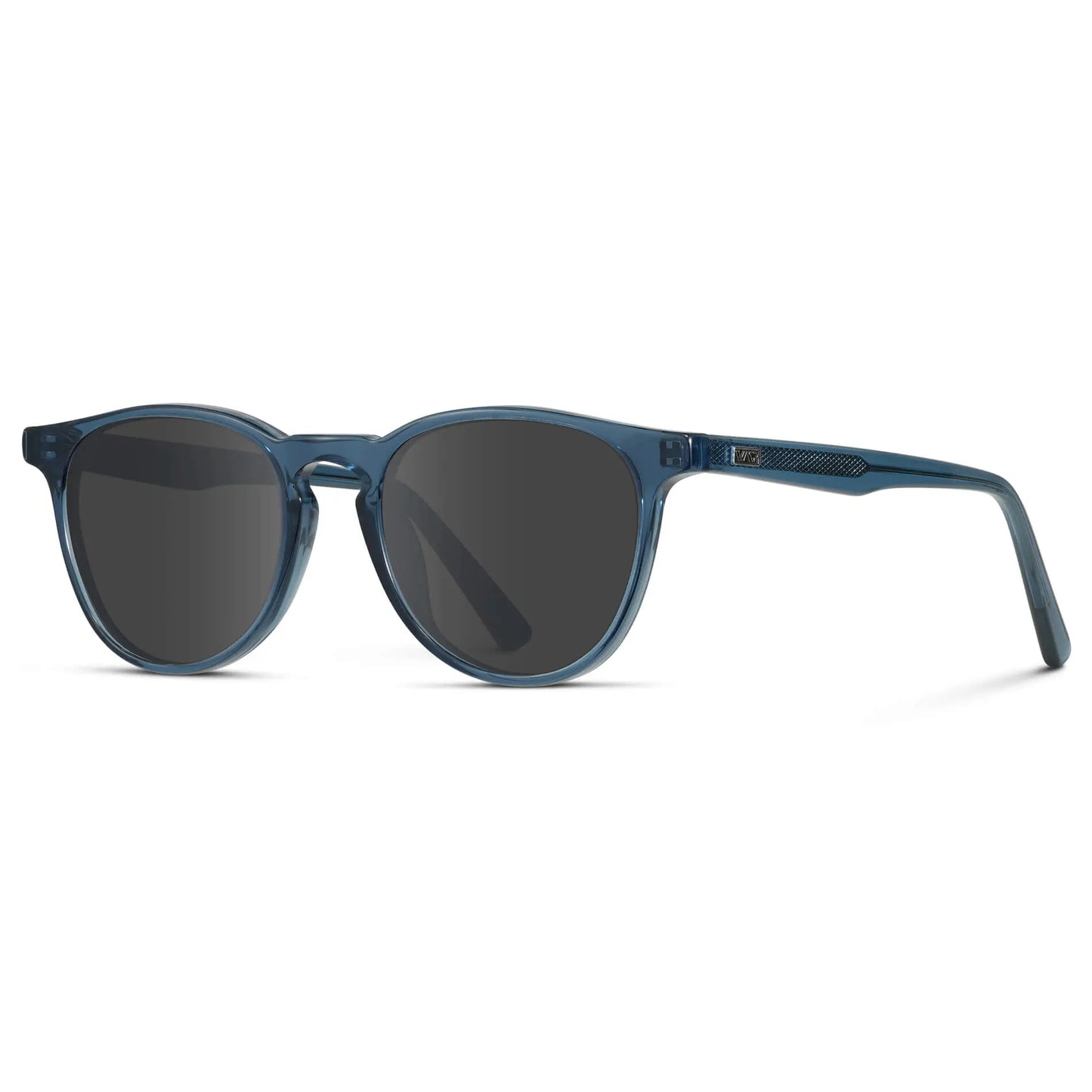 Crystal Cobalt / Grey || Side view of Men's Round Prescription Sunglasses with Crystal Cobalt Frame and Grey Lenses on a white background