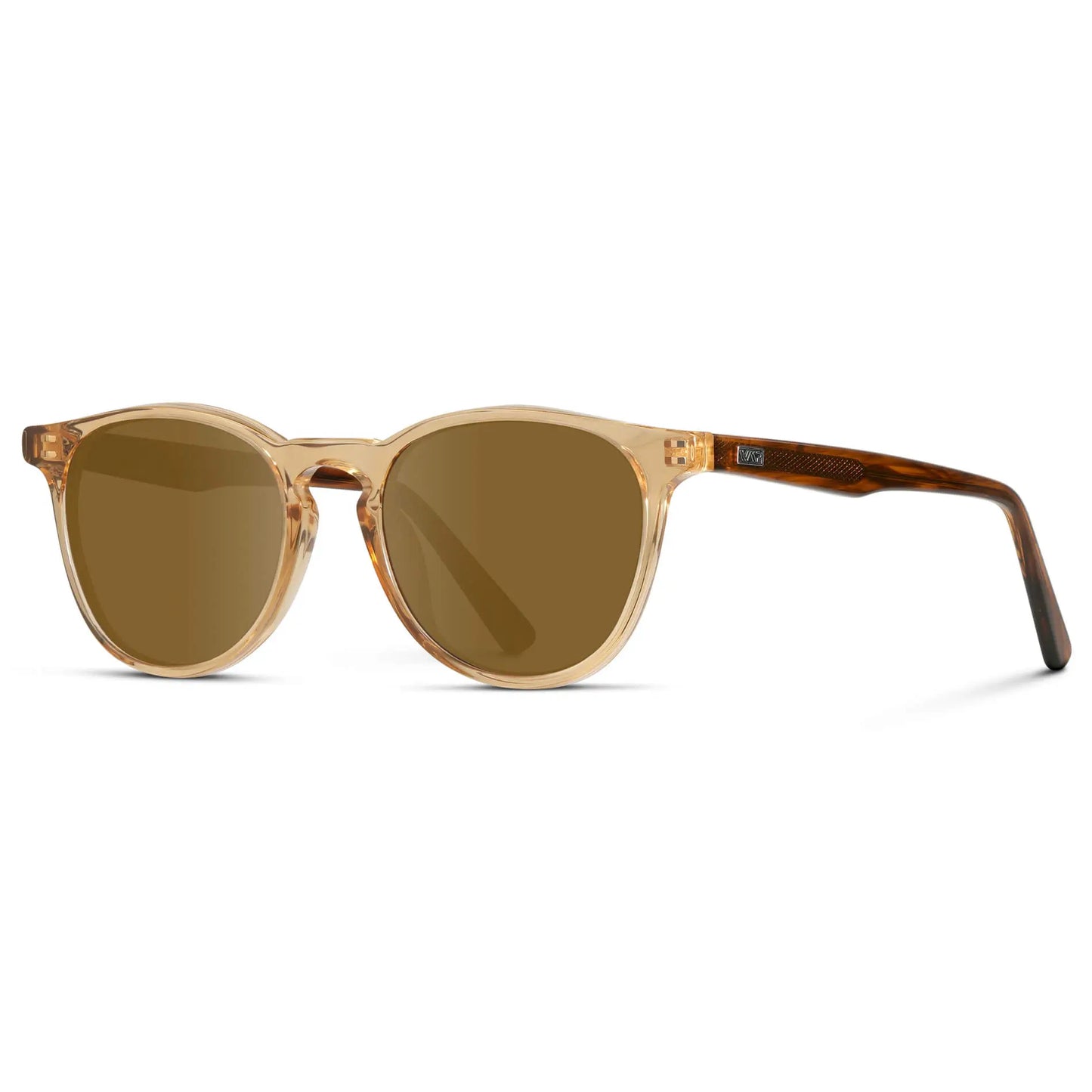 Crystal Brown Marble / Amber || Side view of Men's Round Prescription Sunglasses with Crystal Brown Marble Frame and Amber Lenses on a white background