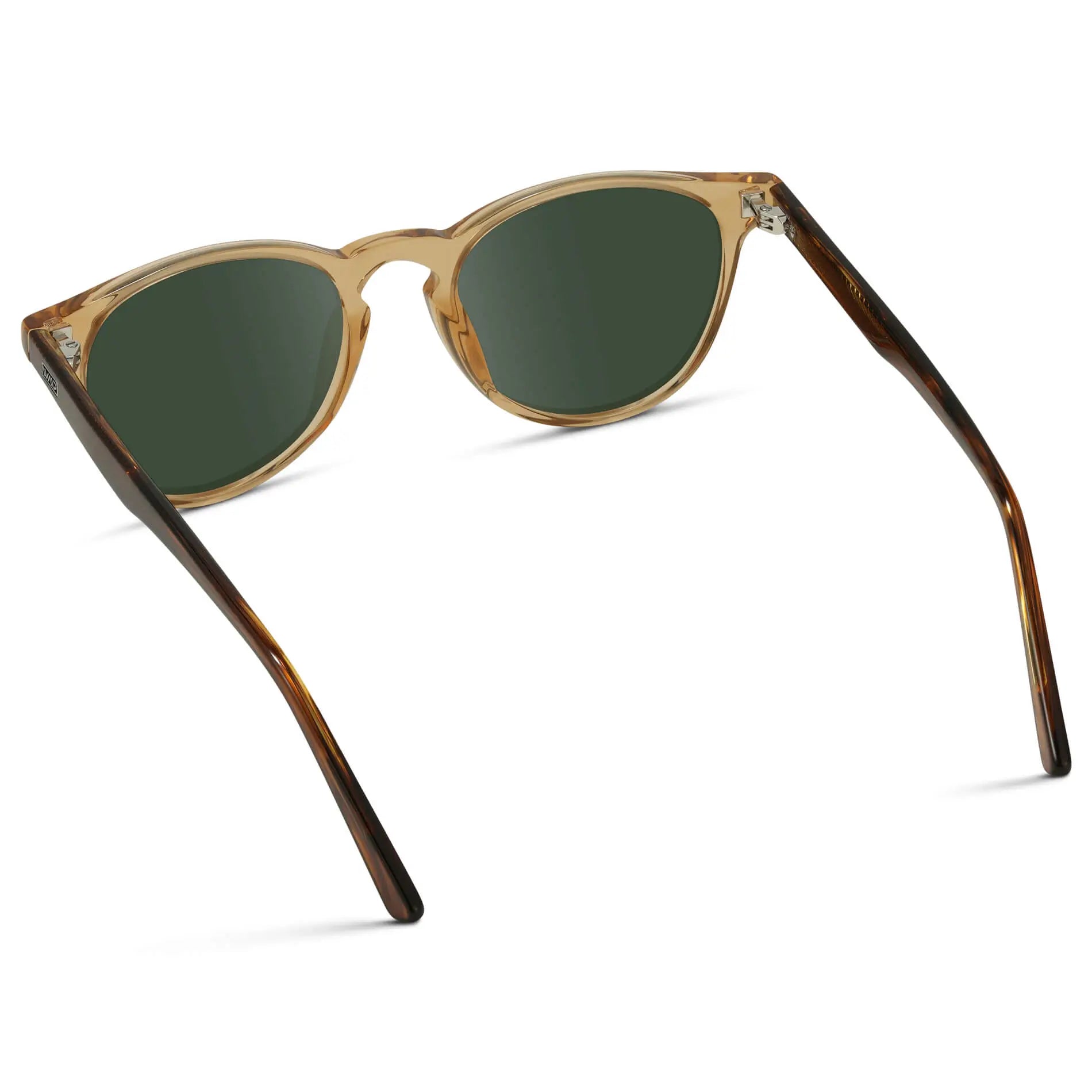 Crystal Brown Marble / G15 || Back view of Men's Round Prescription Sunglasses with Crystal Brown Marble Frame and Green Lenses on a white background