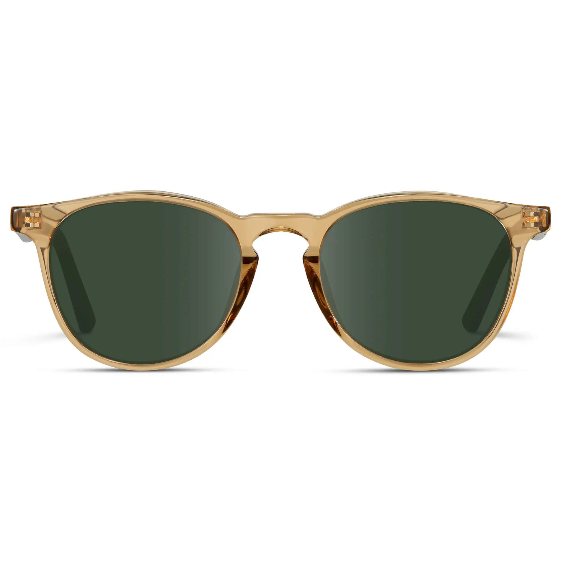 Crystal Brown Marble / G15 || Men's Round Prescription Sunglasses with Crystal Brown Marble Frame and Green Lenses on a white background