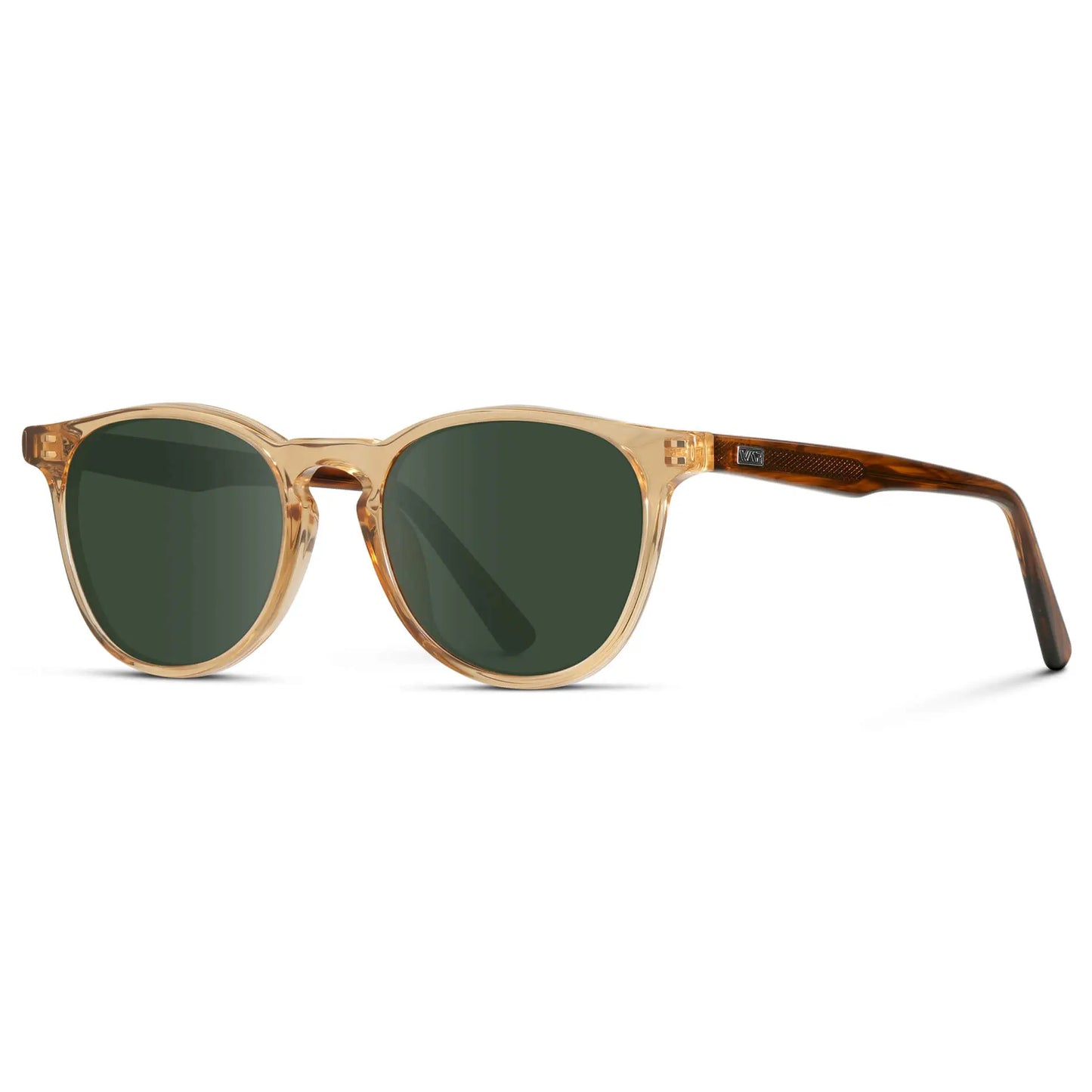 Crystal Brown Marble / G15 || Side view of Men's Round Prescription Sunglasses with Crystal Brown Marble Frame and Green Lenses on a white background
