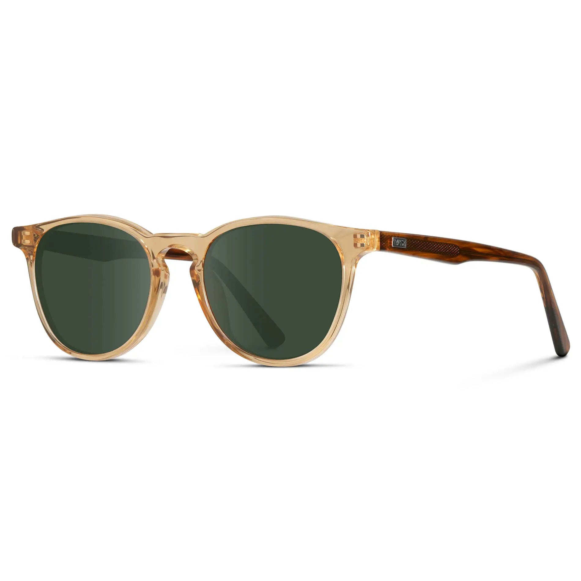 Crystal Brown Marble / G15 || Side view of Men's Round Prescription Sunglasses with Crystal Brown Marble Frame and Green Lenses on a white background